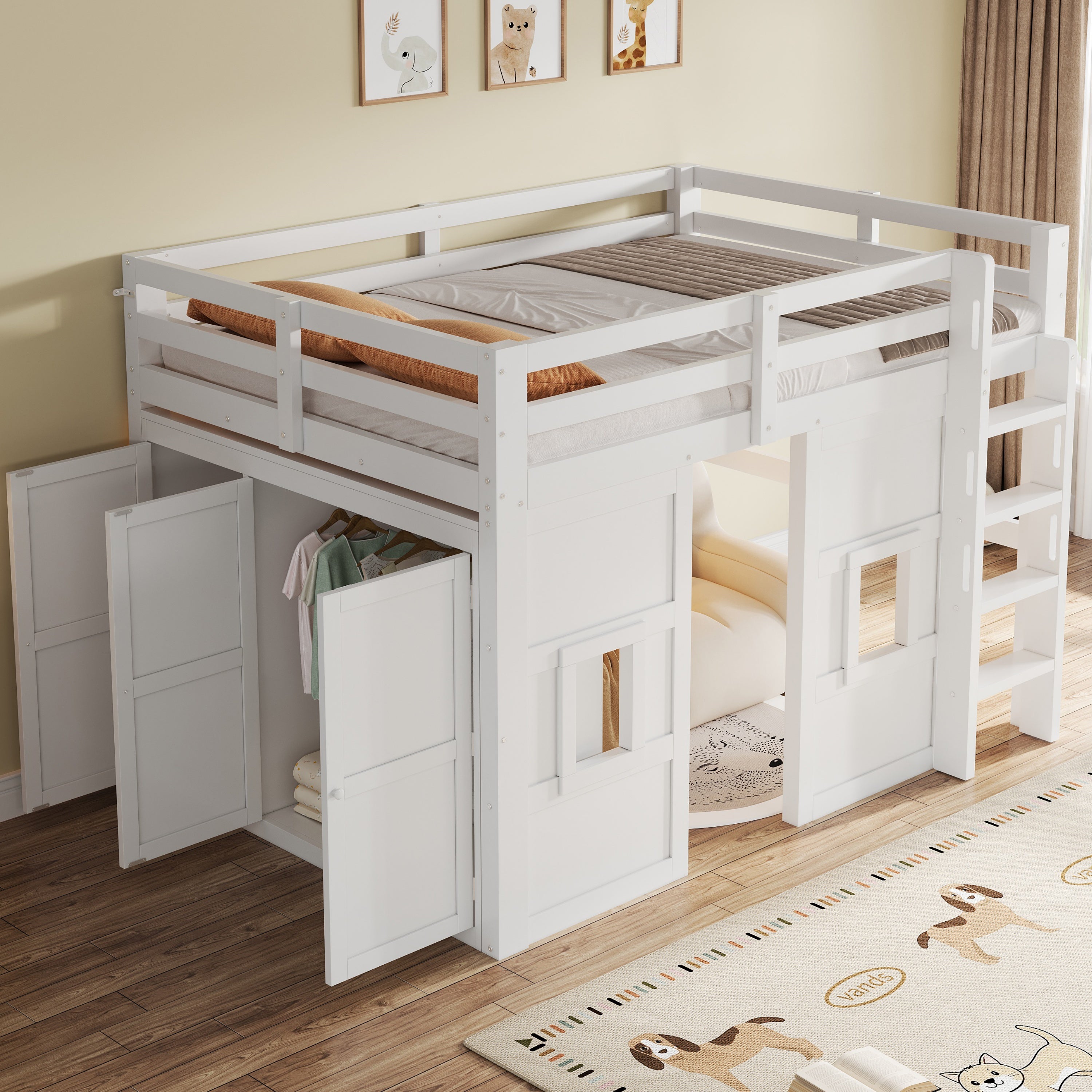 Lit mezzanine 140 x 200 cm avec armoire et 2 fenêtres - MDF + pin - LEDs - Blanc (Sans matelas) - 3