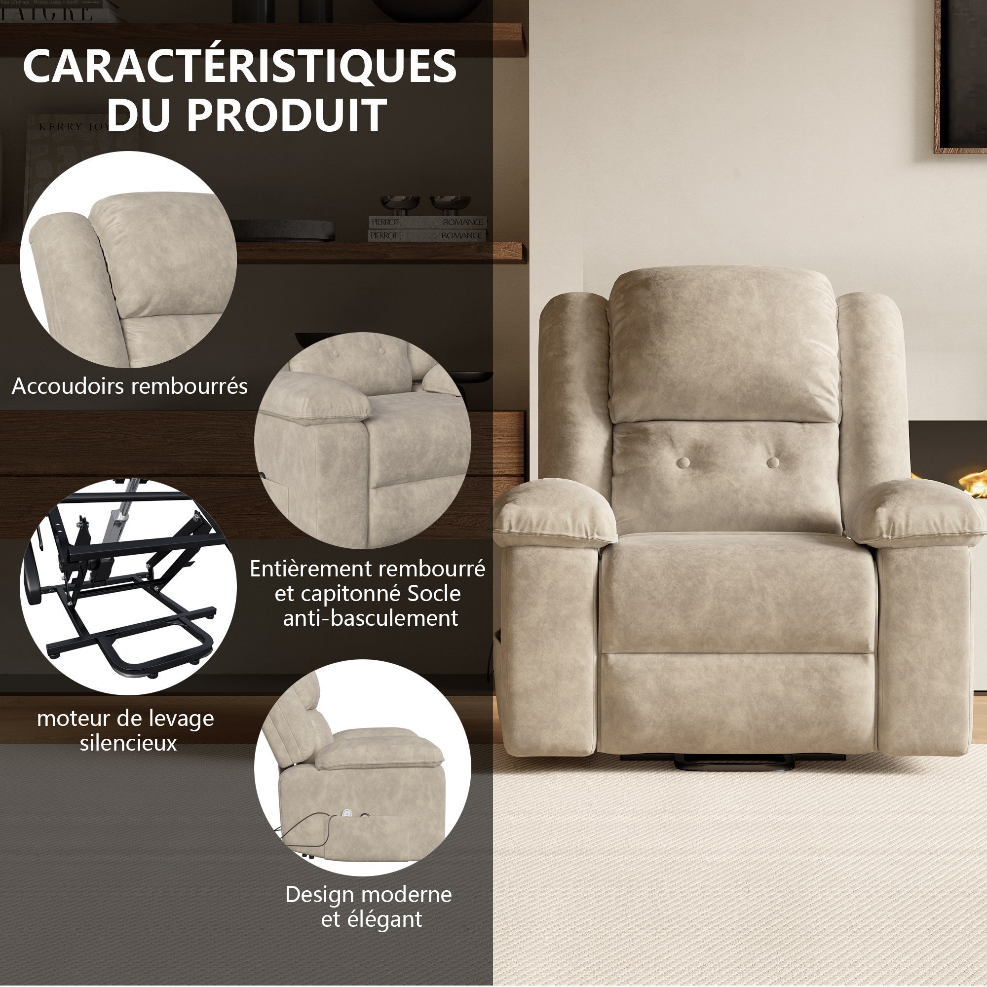 Fauteuil de Massage Électrique Releveur Chauffant avec 8 Points de Vibration - 83x53x106cm - Tissu Velours Marron - 4