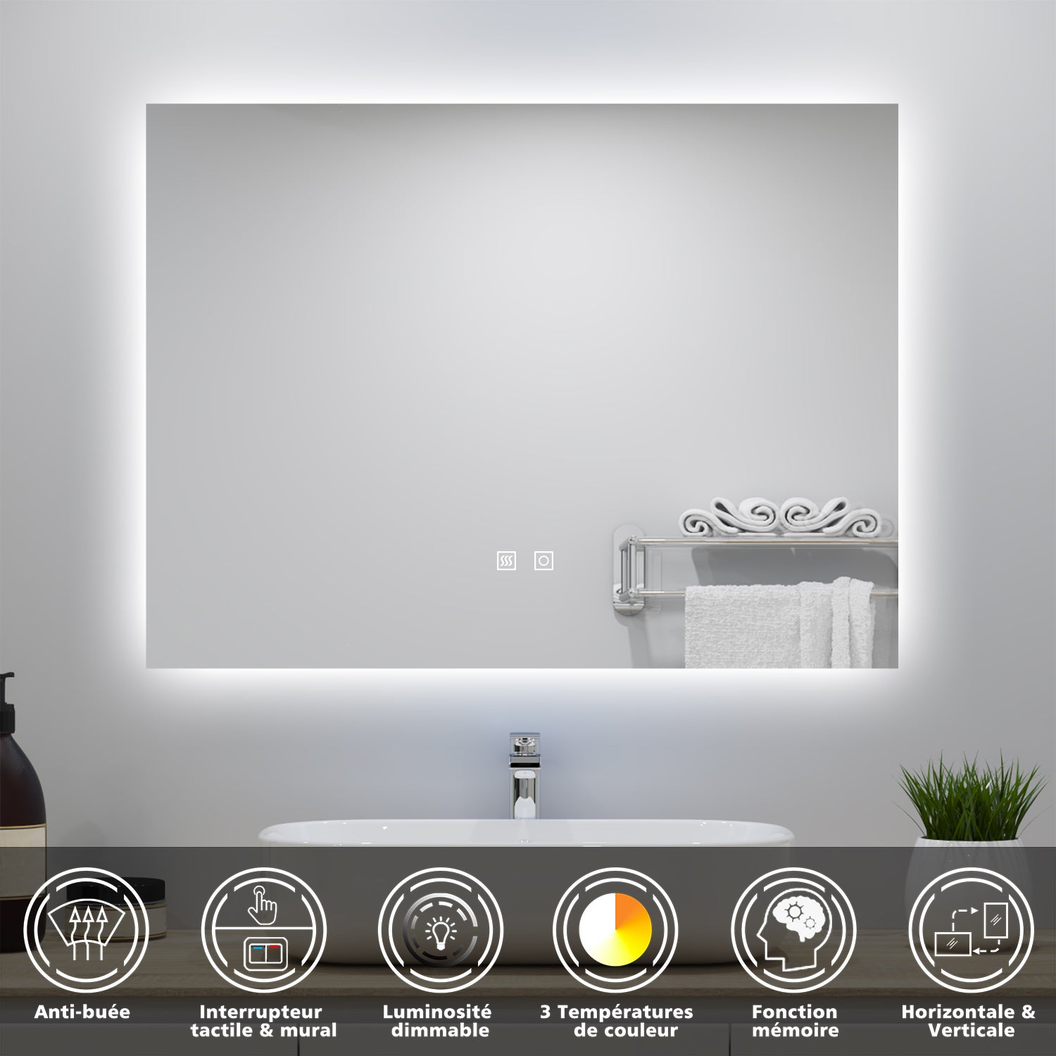 Miroir lumineux 80x60cm avec Anti-buée + 3 Couleurs + Dimmable, Mural Miroir salle de bain - 2