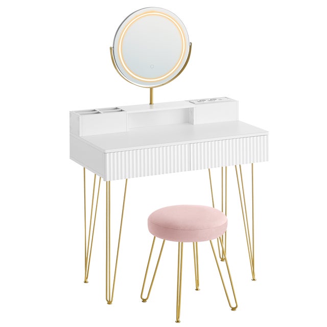 Coiffeuse avec Miroir Pivotant et Tabouret, Miroir Coiffeuse, avec Éclairage et Multiprise, Tabouret Rembourré, Blanc mat et Doré Clair