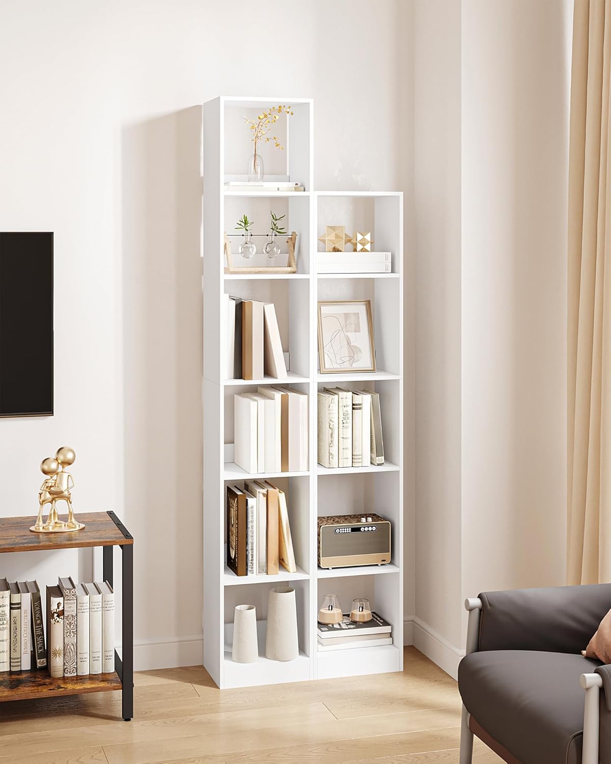 Librería de 6 Niveles, Estantería Libros, para Salón, Estudio, Oficin, Dormitorio, Estilo Escandinavo, 24 x 30 x 184,4 cm, Blanco - 7