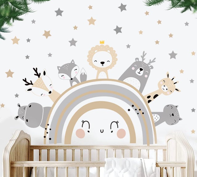 Adesivos de parede de animais, decalque de parede arco-íris para quarto de bebê, berçário, decoração de parede para casa