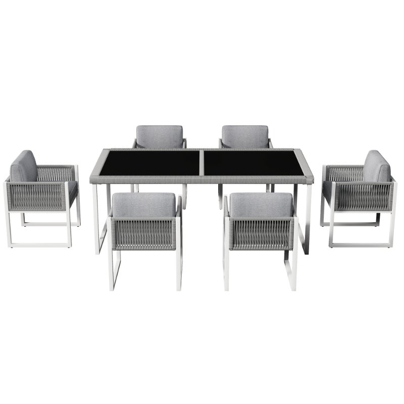 Juego de comedor de exterior para 6 personas, mesa con cristal templado, sillas de cuerda con cojín extraíble y lavable - 8