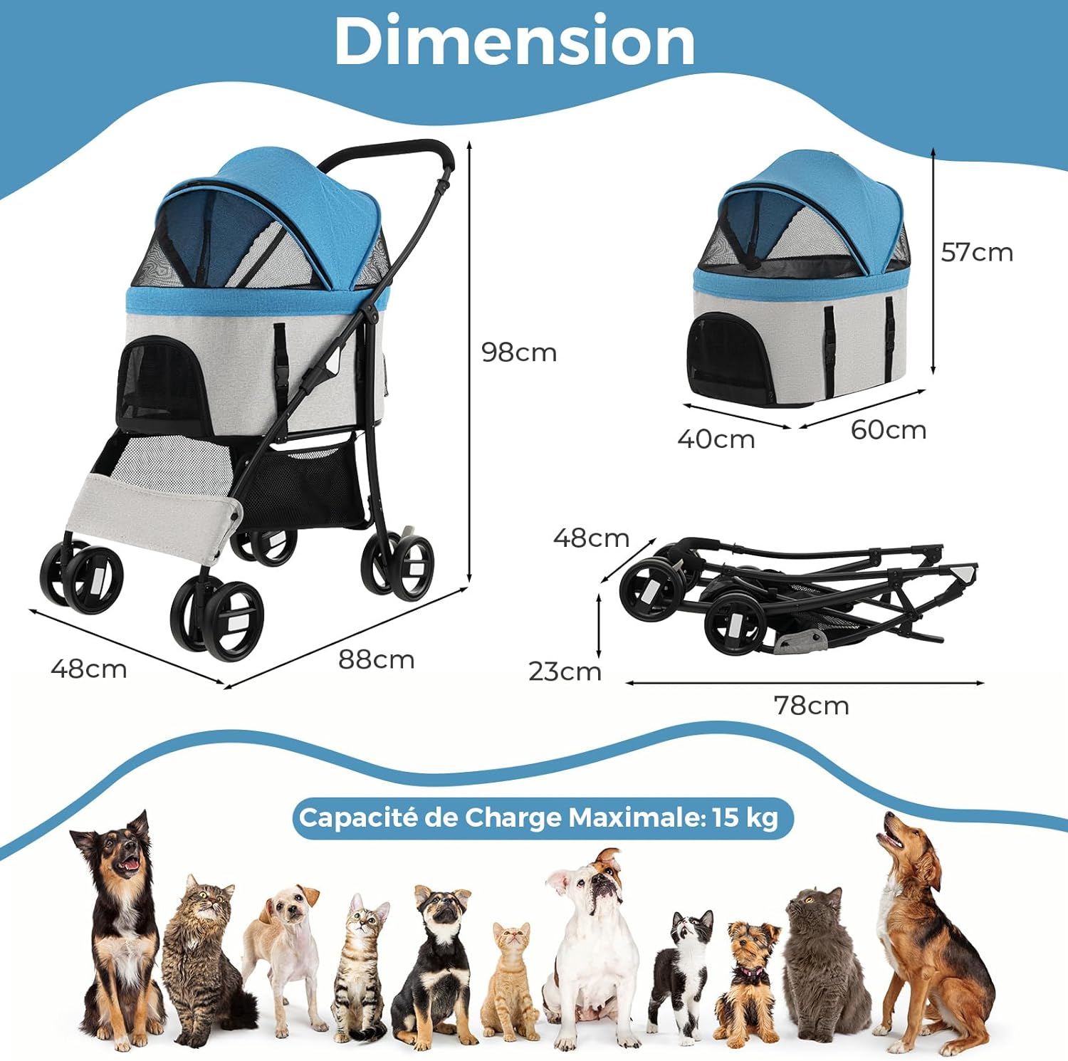 Carrinho de passeio dobrável 3 em 1 para cães com cesto de arrumação amovível, capacidade de 15 kg (azul) - 4