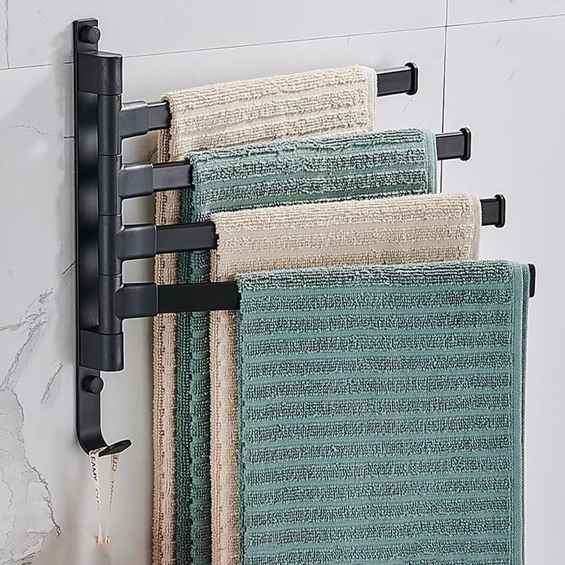 Wieszak na ręczniki ścienny, wieszak na ręczniki z 4 obrotowymi drążkami 180°, samoprzylepny, do łazienki i kuchni, czarny
