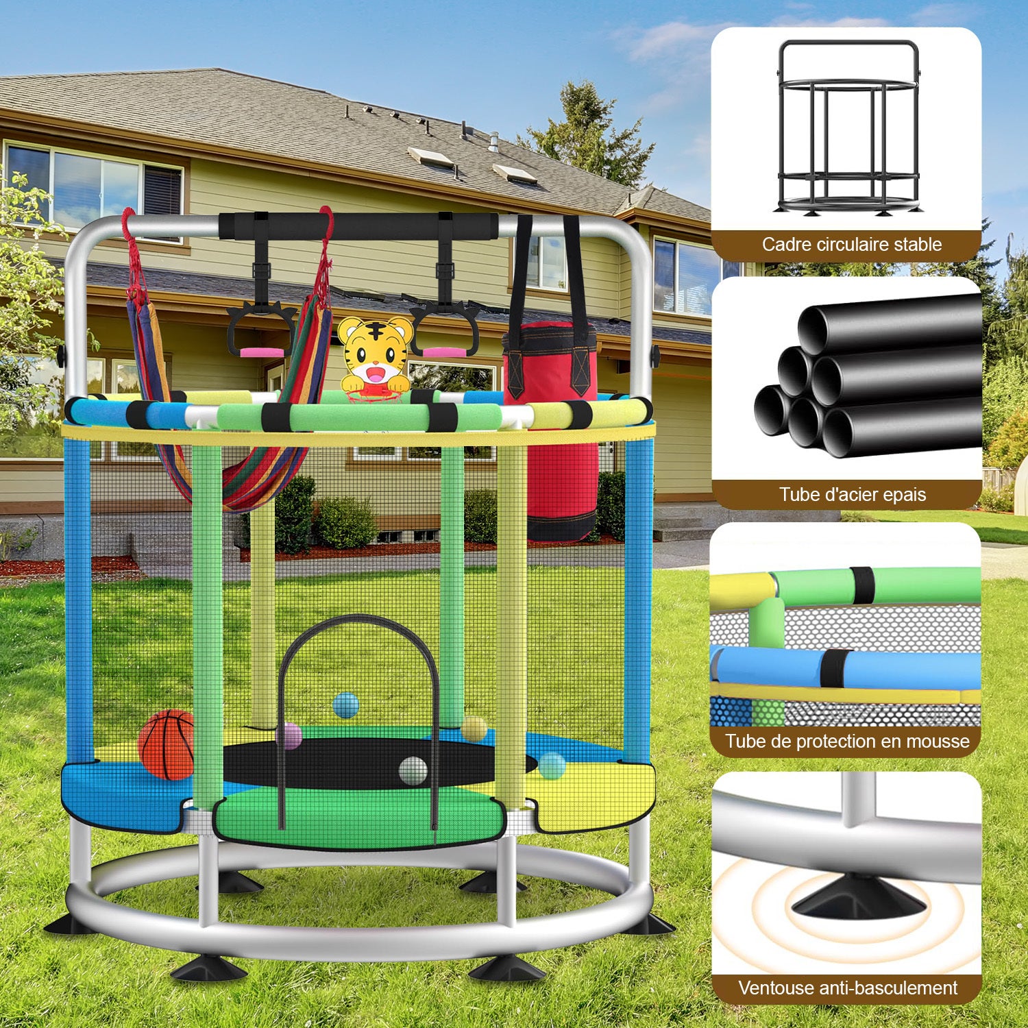 Trampolim Infantil Ø150 cm com Estrutura em Aço, Barra Circular, Argolas Suspensas e Rede de Descanso - Multifuncional - 2