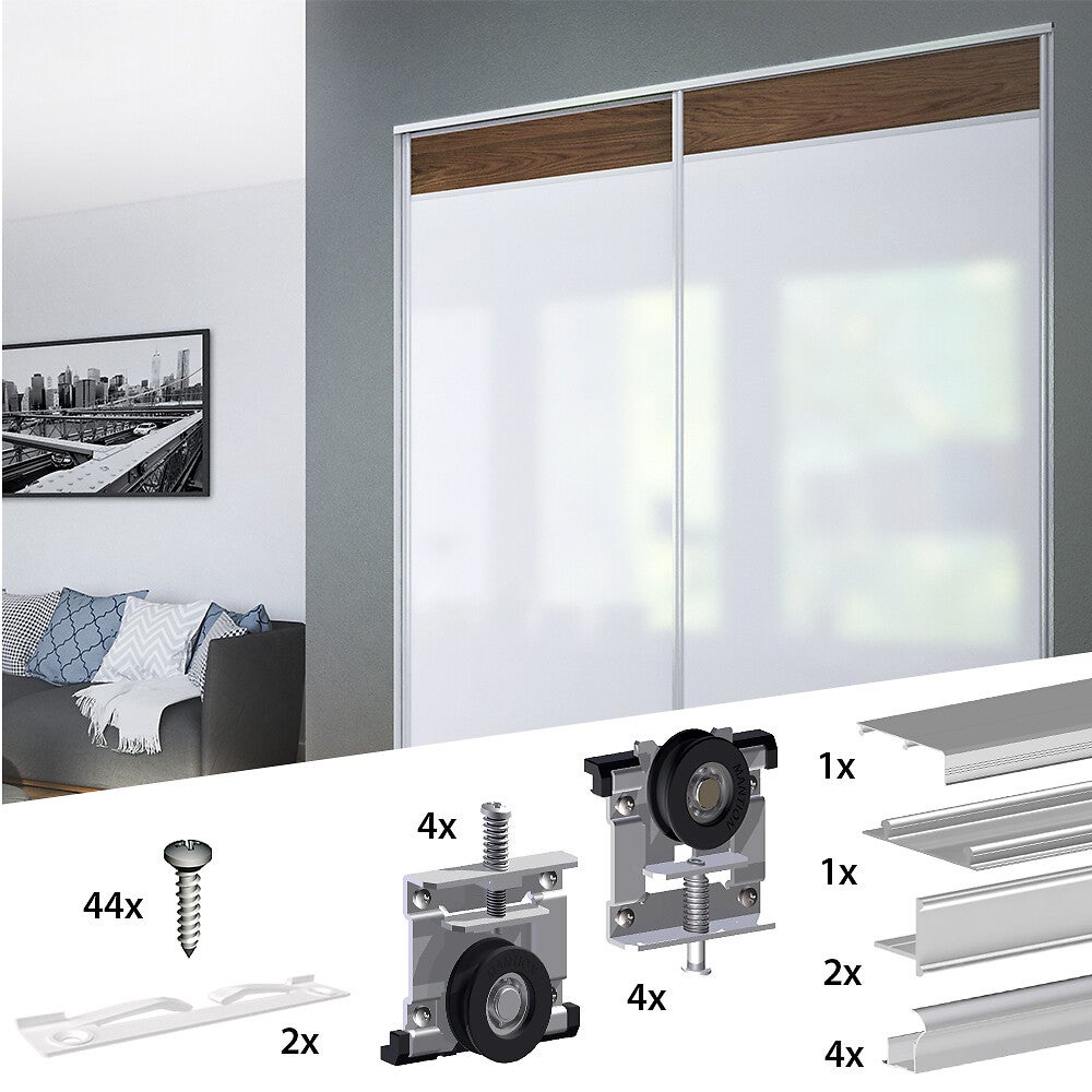 Kit SLID'UP 220 aluminium anodisé naturel pour 2 portes de placard coulissantes 18 mm - rail 1,8 m - 70 kg - 2