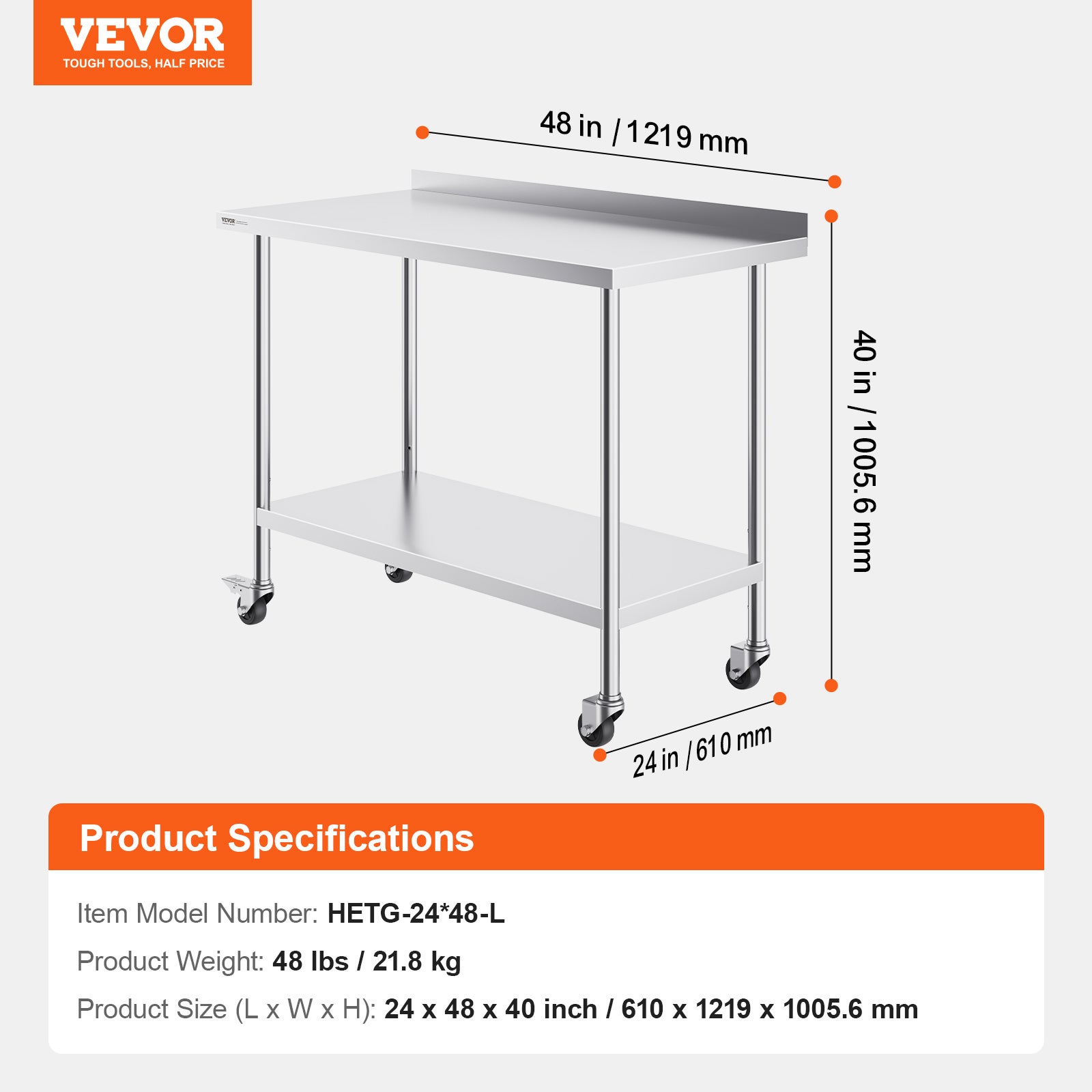 Table de Travail en Acier Inoxydable VEVOR 121,9x61x100,6cm,Table Préparation des Aliments Roulettes,Hauteur Réglable,Meuble Rangement des Aliments - 7