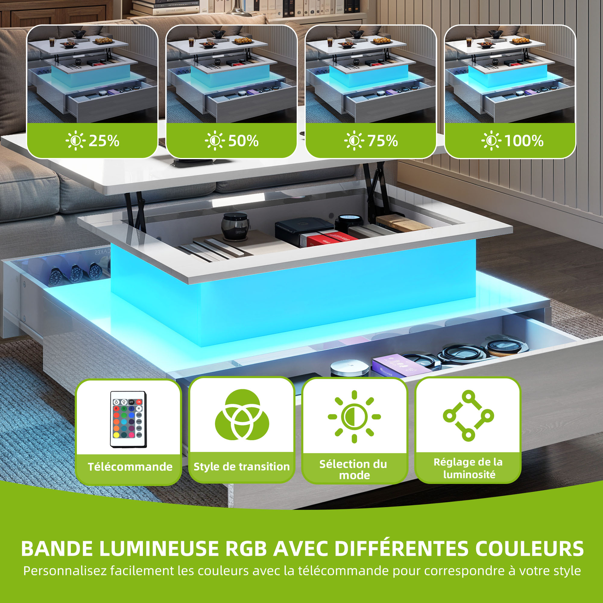 Balconera Table basse- Éclairage LED-2 tiroirs de rangement-85 x 55 x 56 cm- Blanc - 7