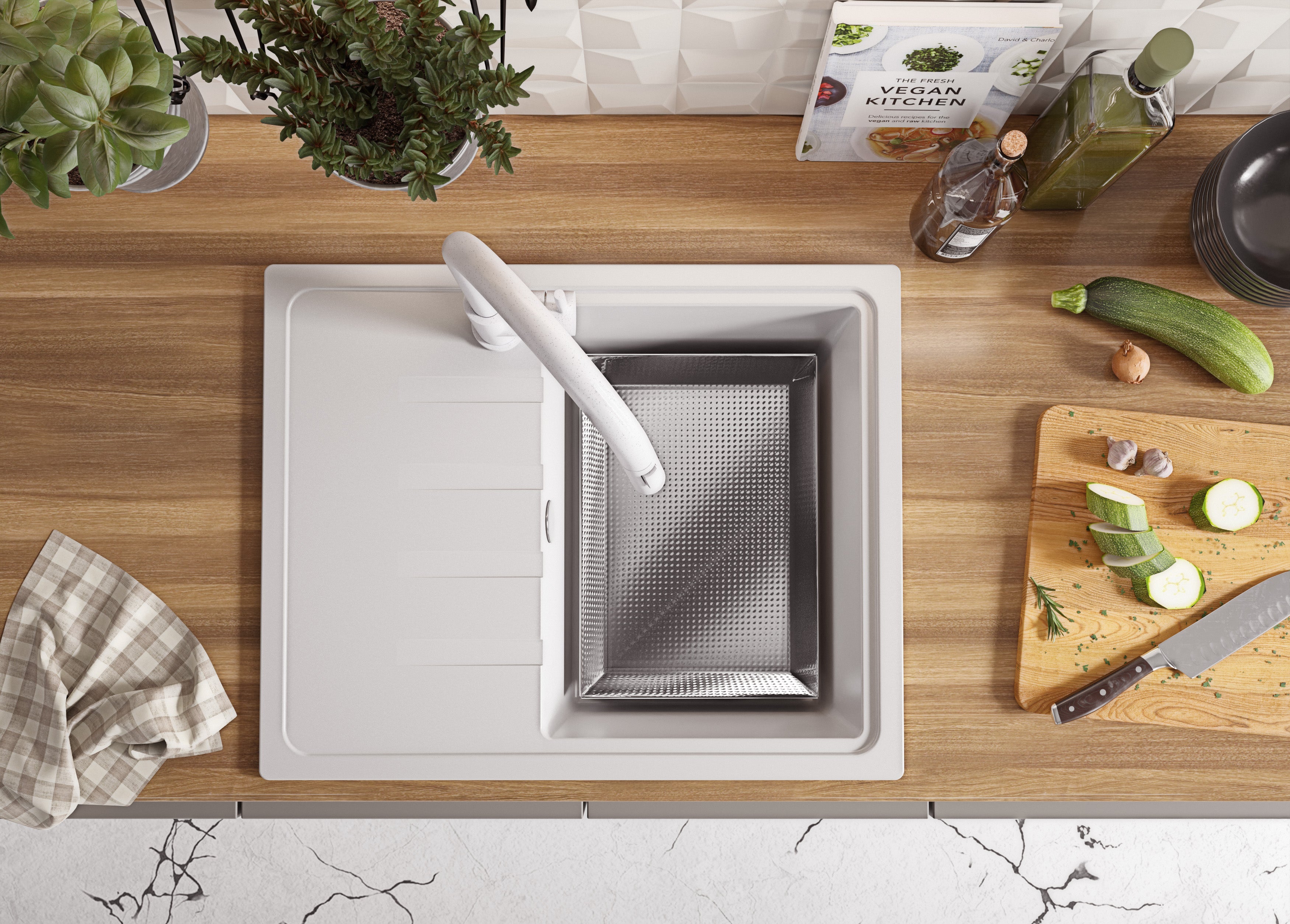 Lavandino da Cucina Bianco 62x50cm, Lavello in Granito a 1 vasca + Sifone Classico + Accessori, Lavabo da Cucina Incasso al mobile 40cm PRIMAGRAN - 4