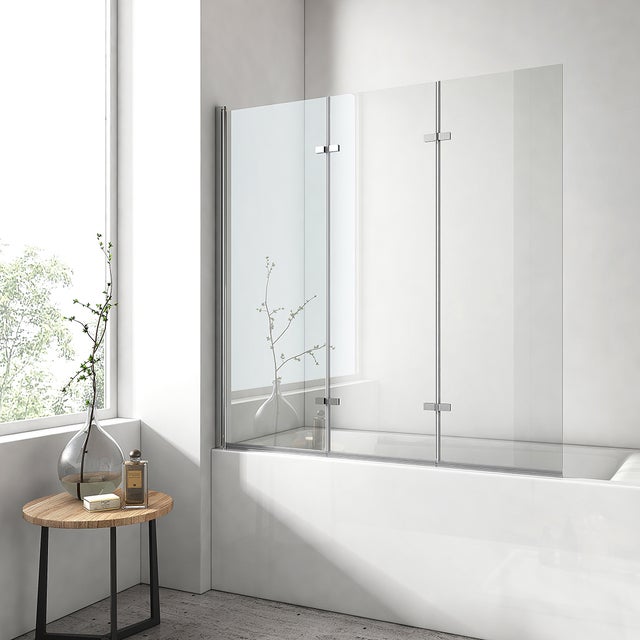EMKE Pare-baignoire 130 x 140 cm, paroi de baignoire à 3 volets pivotante et pliante, verre trempé 6 mm anticalcaire, chromé