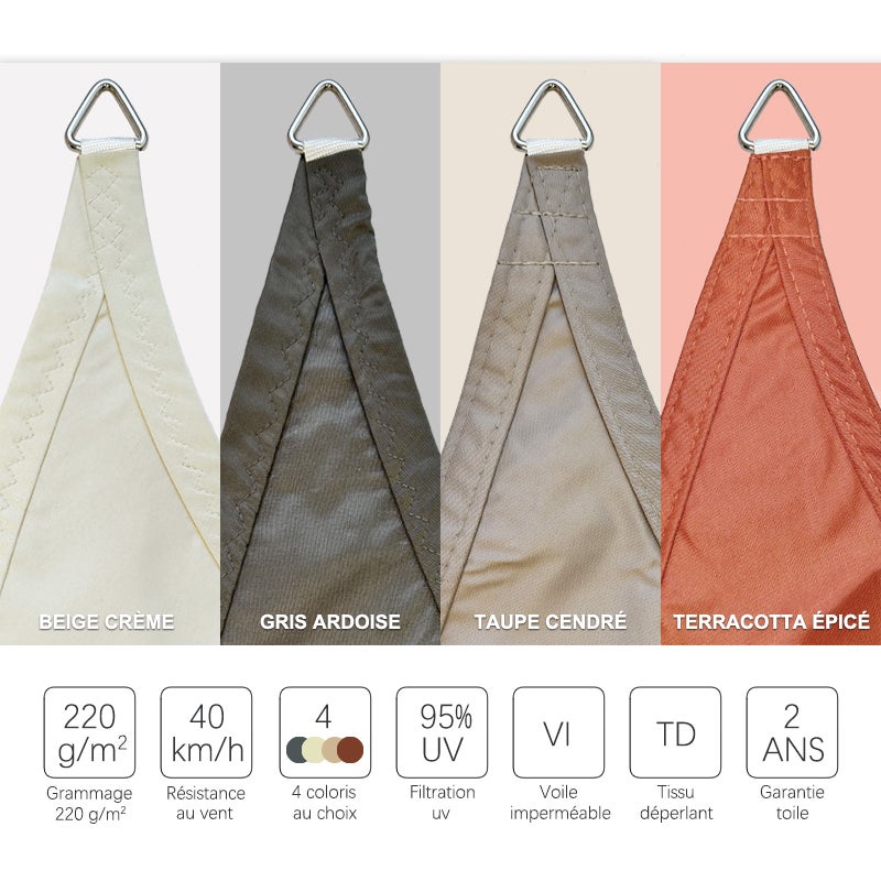 Voile d'ombrage 4 x 4 x 5,66 m imperméable 220g/m² Haute densité - Tissu déperlant - Gris ardoise - 3