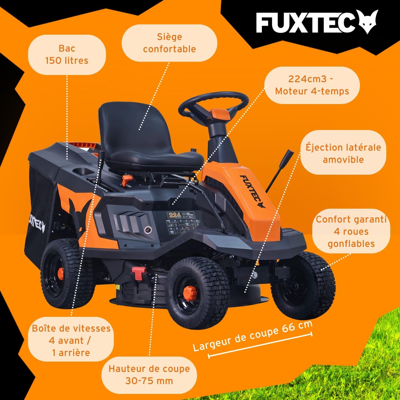 Tondeuse à gazon autoportée FUXTEC FX-RMR66 – Tracteur de pelouse 6 CV – Largeur de coupe 66 cm – Bac 150 L – Hauteur de coupe réglable - 6