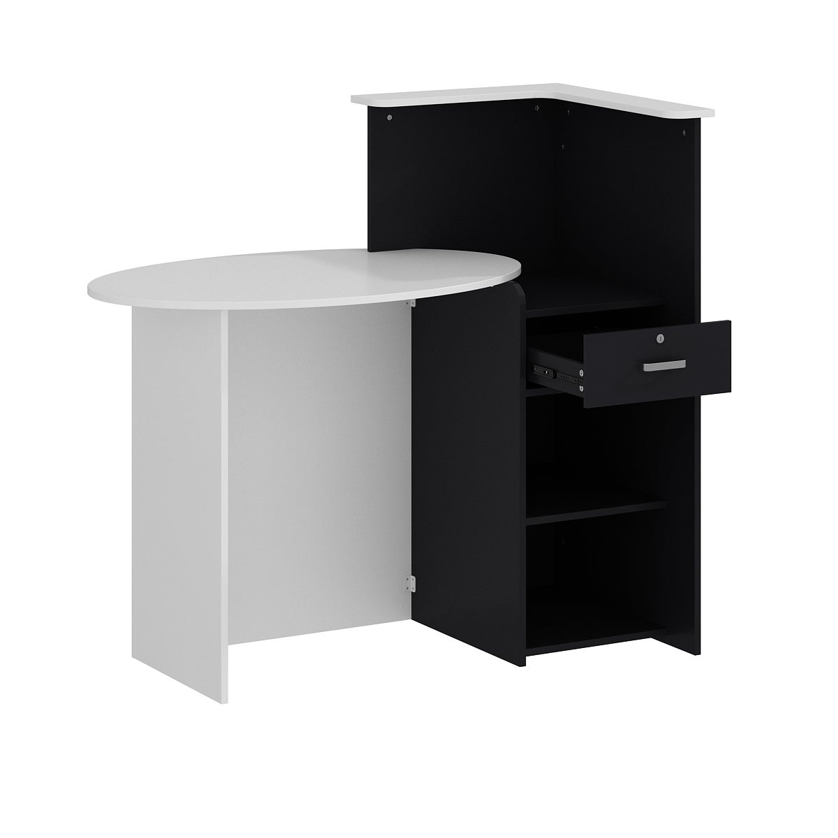 Bureau d’Accueil avec Compartiments et Tiroir, Comptoir de Réception avec Plan de Travail Ovale, Bureau,121x60x121cm, Blanc et Noir - 7