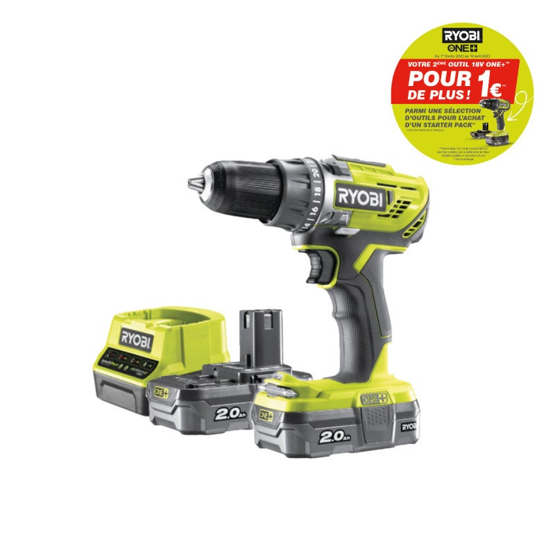 Pack RYOBI Perceuse Visseuse R18DD2-220S 18V One+ 2x2.0Ah + Chargeur + Coffret 31 Accessoires RAK31MSD