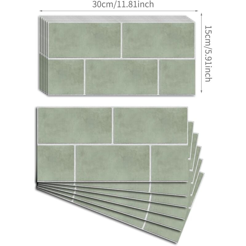 Autocollants pour carrelage mural et sol, autocollants antidérapants pour cuisine et salle de bain, vert sauge, 30 x 15 cm, lot de 12 pièces - 4