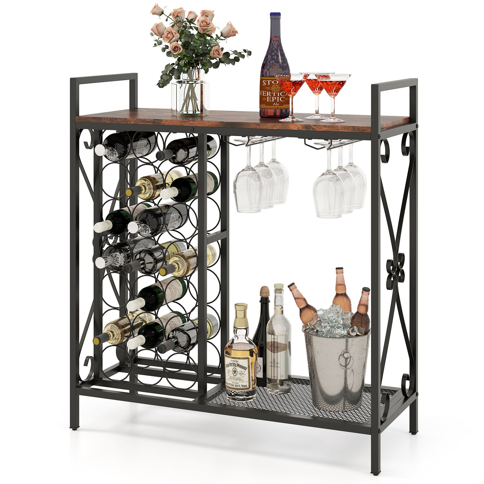 Portabottiglie da parete in stile retrò con soffitto per bicchieri da champagne, per bar e ristoranti (120 x 25 cm