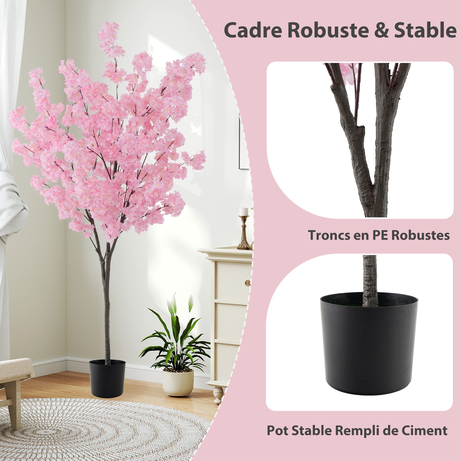 Plante Artificielle en Pot Ciment 190CM avec 900 Fleurs Roses, Fausse Cerisier avec Troncs de PE Simulés, Décoration Moderne pour Salon Bureau - 5