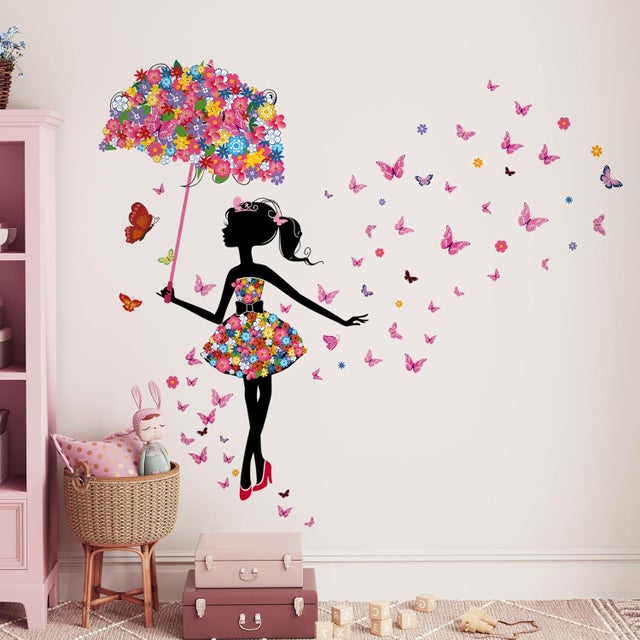 Stickers Muraux Fée Fleur Autocollants Mural Papillon Stickers Muraux Avec Parapluie pour Chambre de Bébé Pépinière D'enfant Décoration