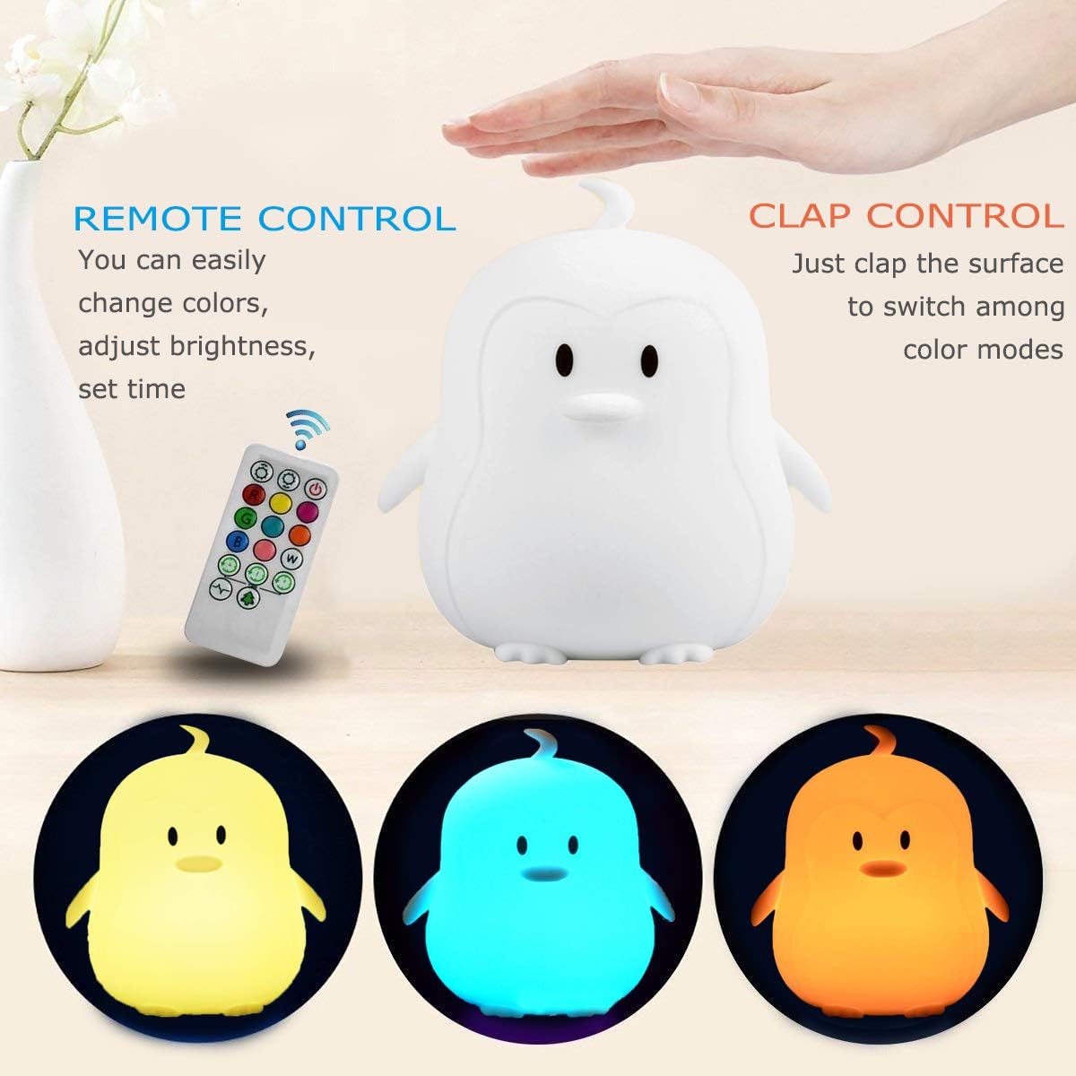 Luce notturna a forma di pinguino per bambini, lampada da comodino con telecomando, 9 colori, perfetta per camera da letto, bagno o esterni | Leroy Merlin