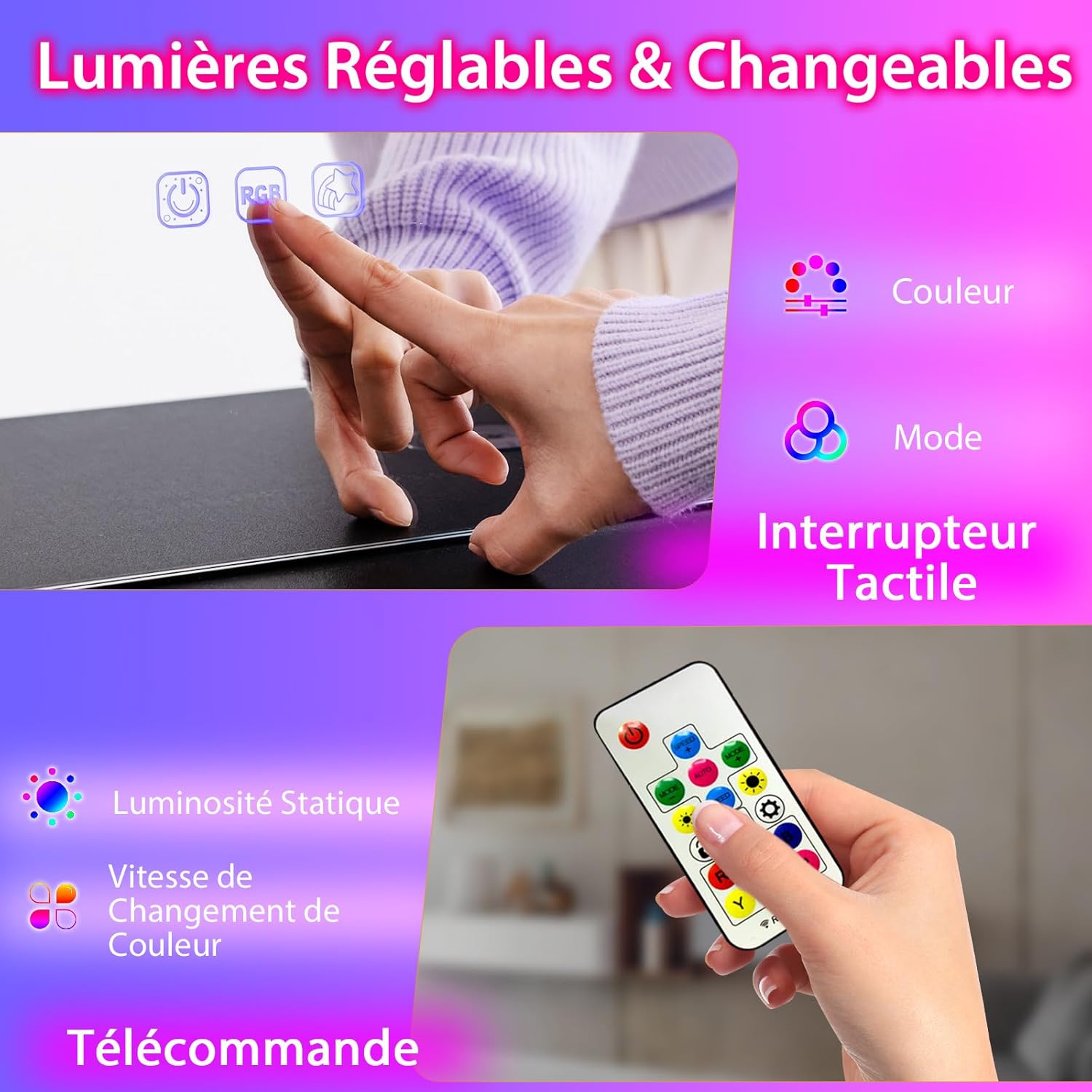 Toeletta da Trucco con Specchio e Luci, Tavolo da Trucco con Sgabello, Porta 7 Luci LED Dinamiche e 7 Luci Statiche Dimmerabili, Porte USB e 4 - 8