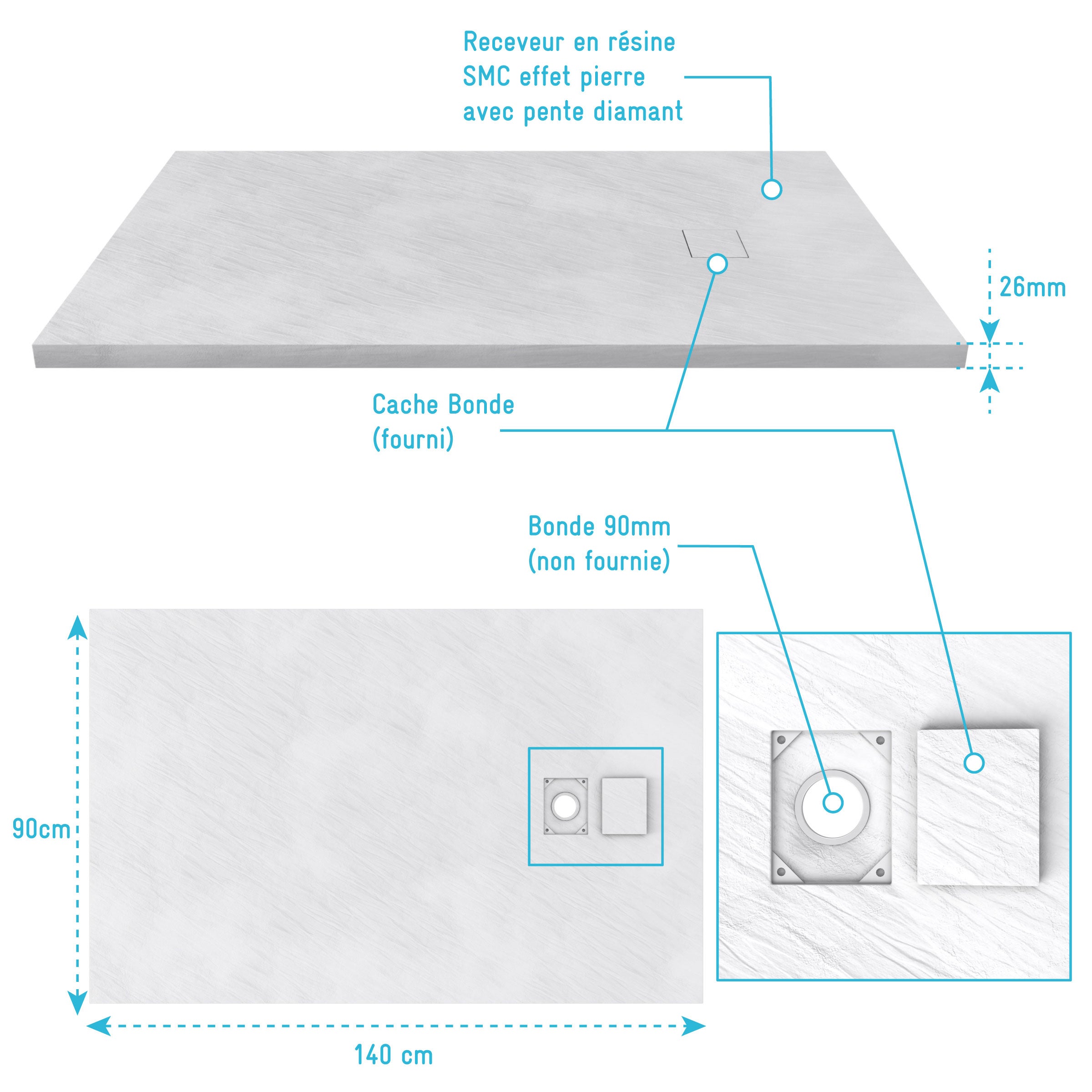 Receveur a poser en materiaux composite SMC - Finition ardoise blanc mat - 90x140 cm - 4