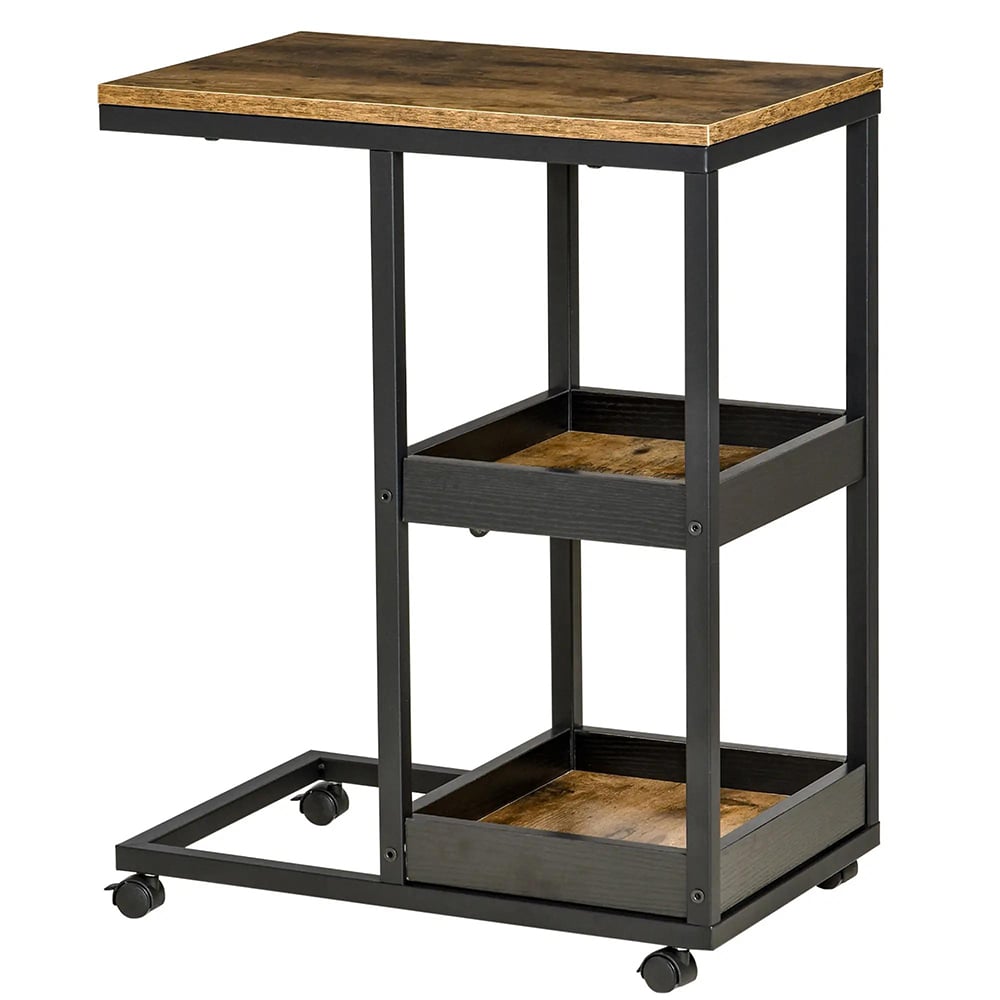 Stolik boczny w stylu industrialnym z kółkami do sofy lub łóżka, stal i drewno, brązowo-czarny