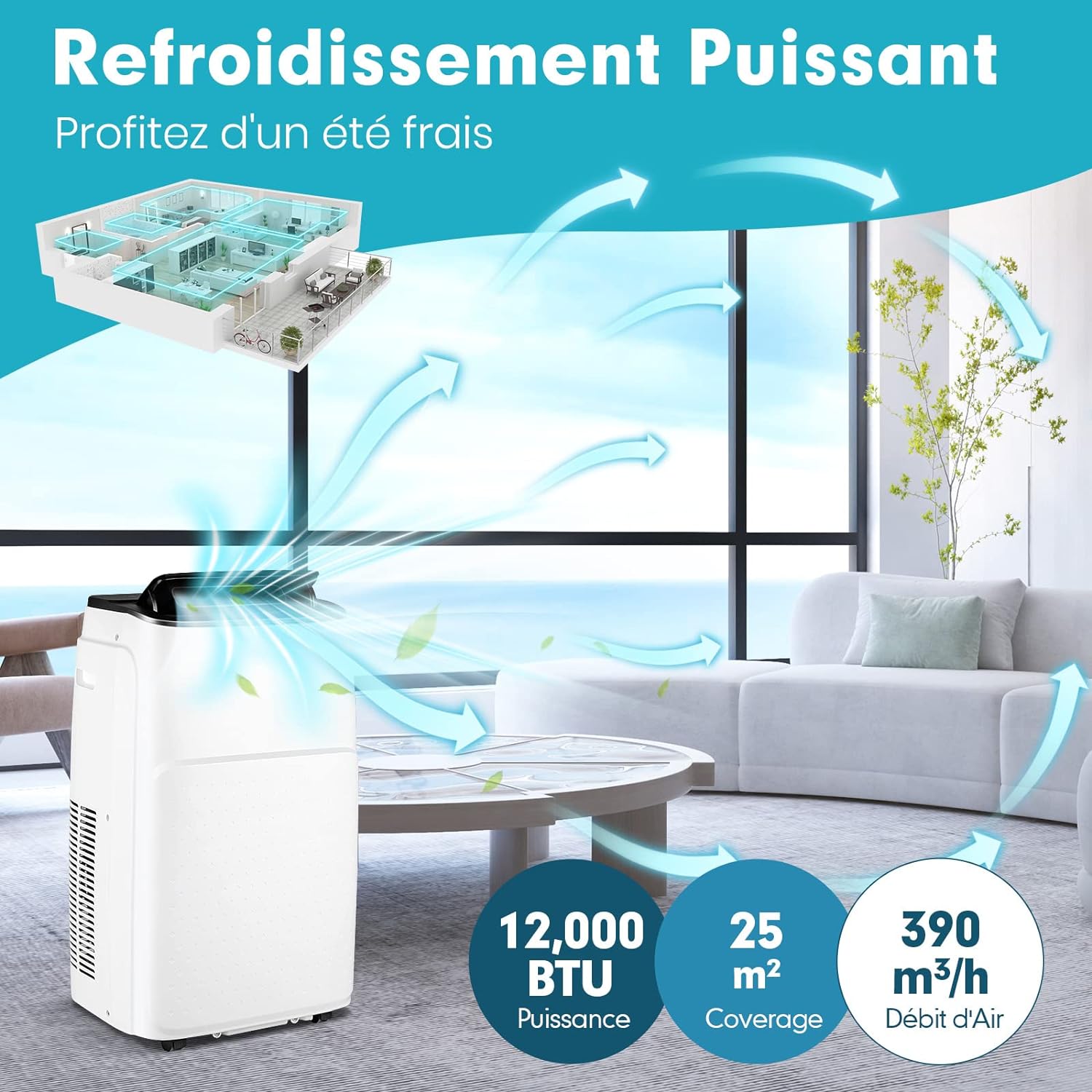 Ar Condicionado Portátil 5 em 1 12000BTU, 25㎡, R290, 3,5kW, Aquecimento, Refrigeração, Desumidificação, Ventilador, Modo Noturno, Temporizador 24h - 4
