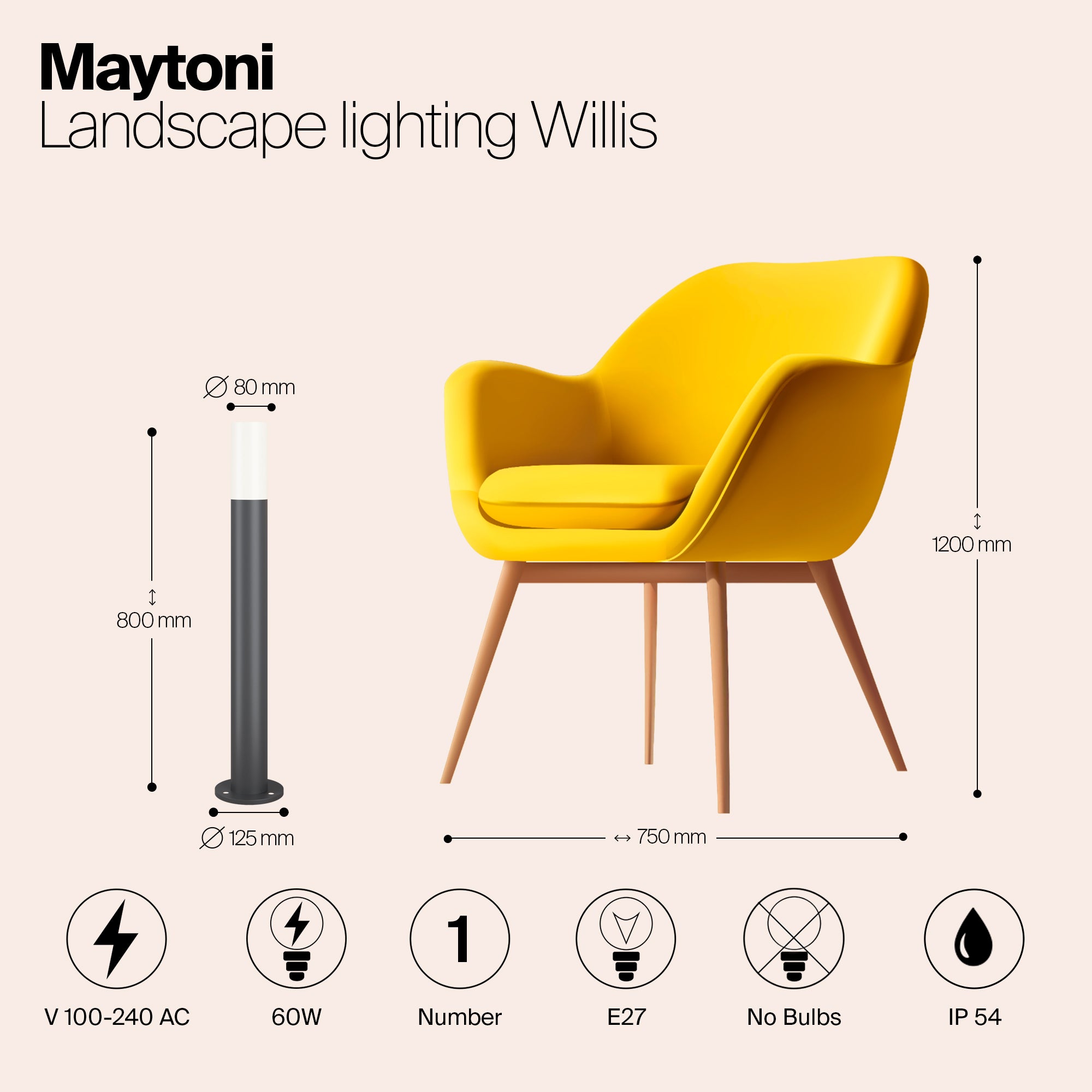 Willis Outdoor Illuminazione paesaggistica Esterno Metallo Esterno non incl. per esterni, giardino Grigio IP 54 AC 100-240 E27 60 W 100-240 Maytoni - 2