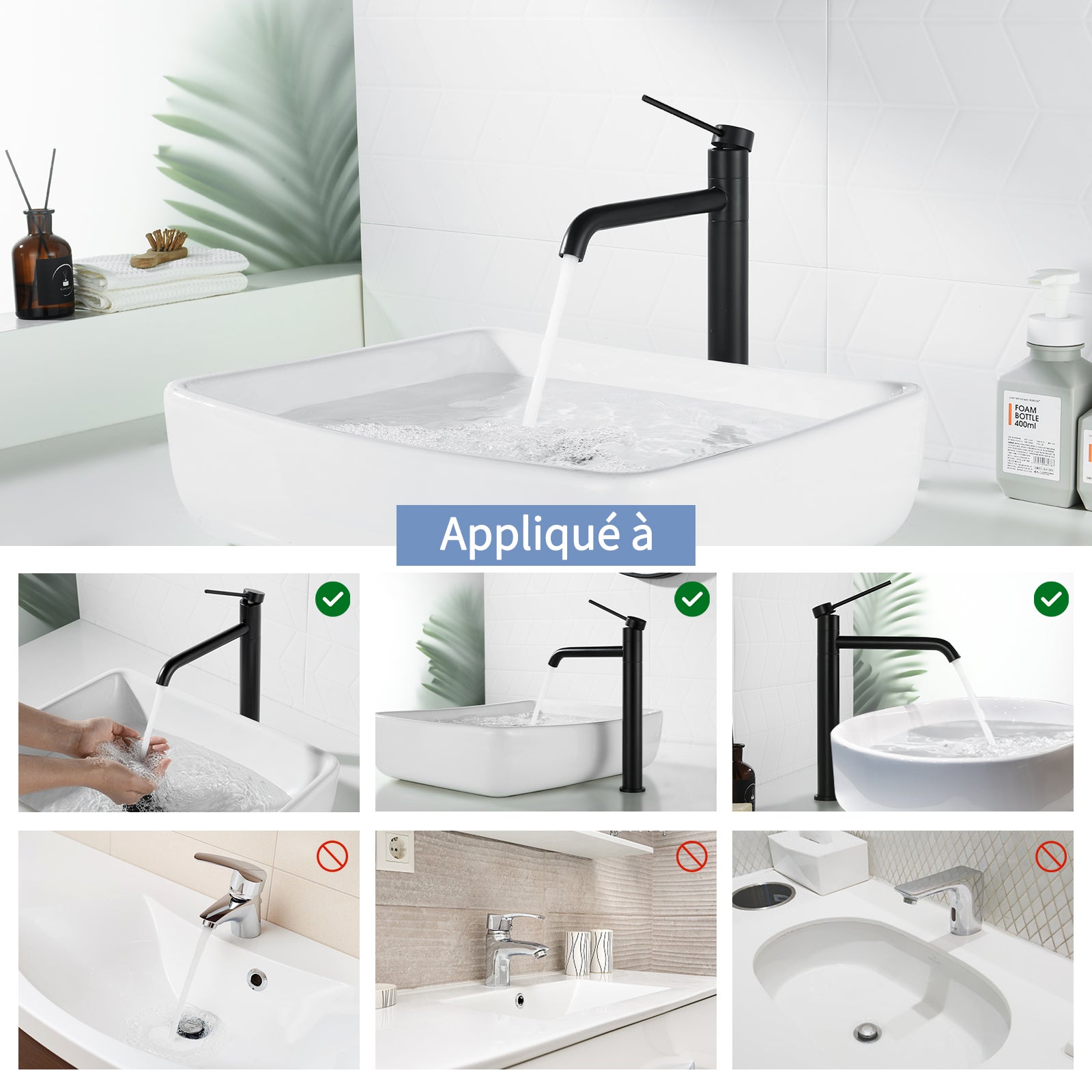 Mitigeur de Lavabo Noir Haut Bec en Inox SUS304 Robinet Salle de Bain Pivotant 360° Robinetterie Design Moderne pour Vasque - 6