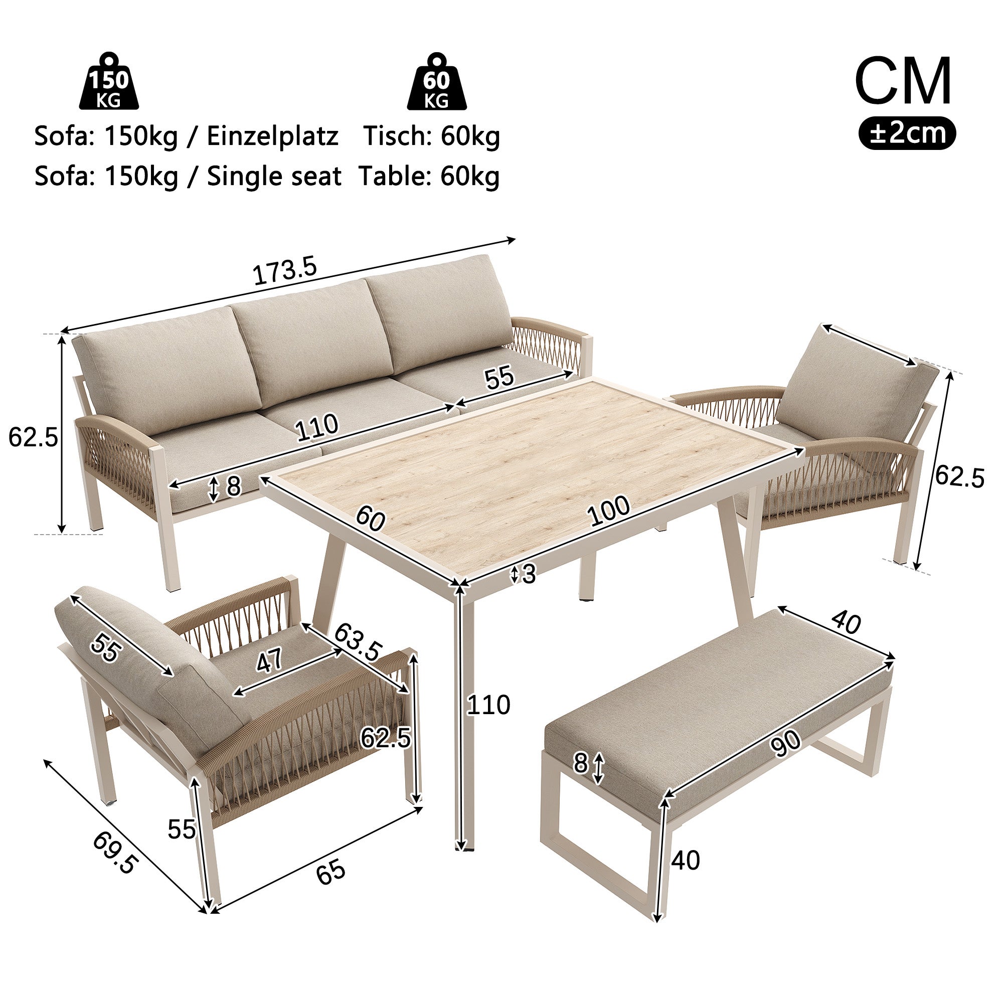 Sofá de jardín 7 plazas,Estructura de hierro resistente con cojines beige, Incluye mesa de cristal aspecto madera y 2 sillones, Conjunto para terraza - 4