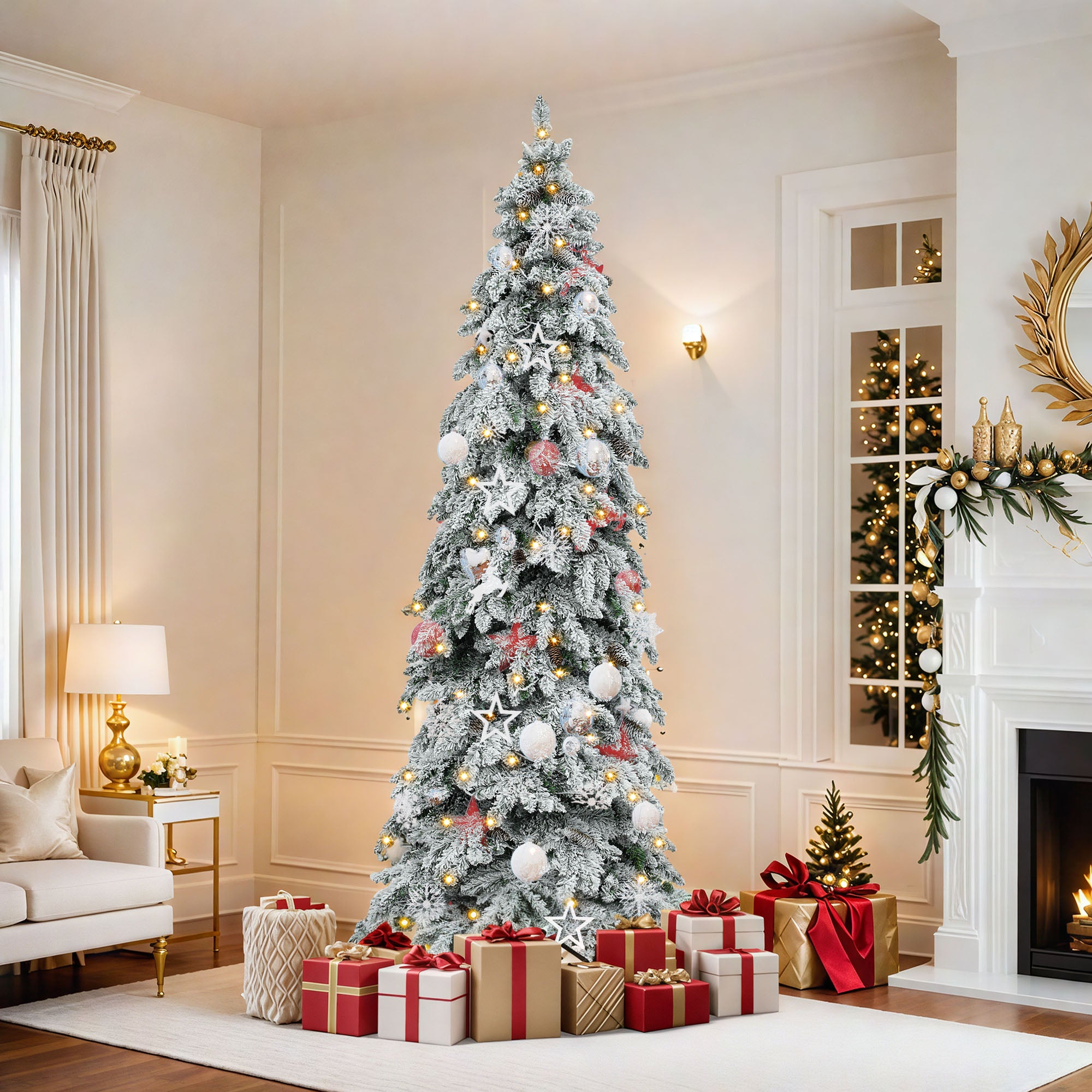 Albero Di Natale Artificiale 240 Cm Con Luci LED E Fiocchi Di Neve Luminosi - Supporto In Metallo - 2