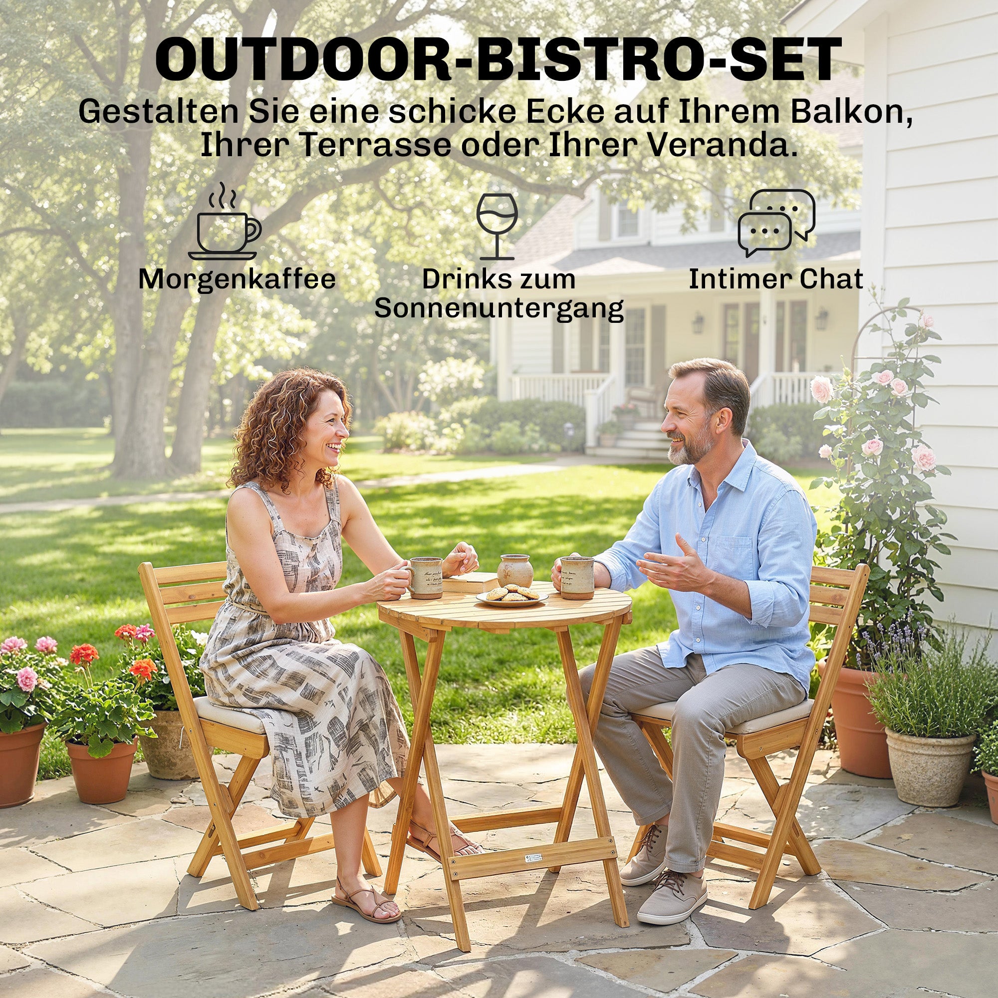 Ensemble mobilier balcon 3 pièces ensemble meubles jardin pliants bois FSC table ronde 2 chaises coussin assise assise lattes respirantes - 6