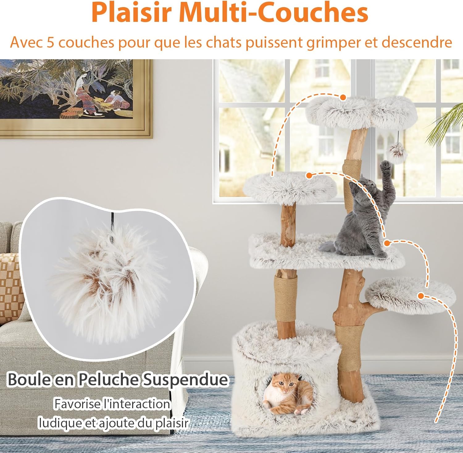 Árvore para Gatos de Madeira Natural de 135 cm, Árvore para Gatos de 5 Níveis com Postes de Arranhadores, Poleiro de Flores de , Condomínio, B - 3