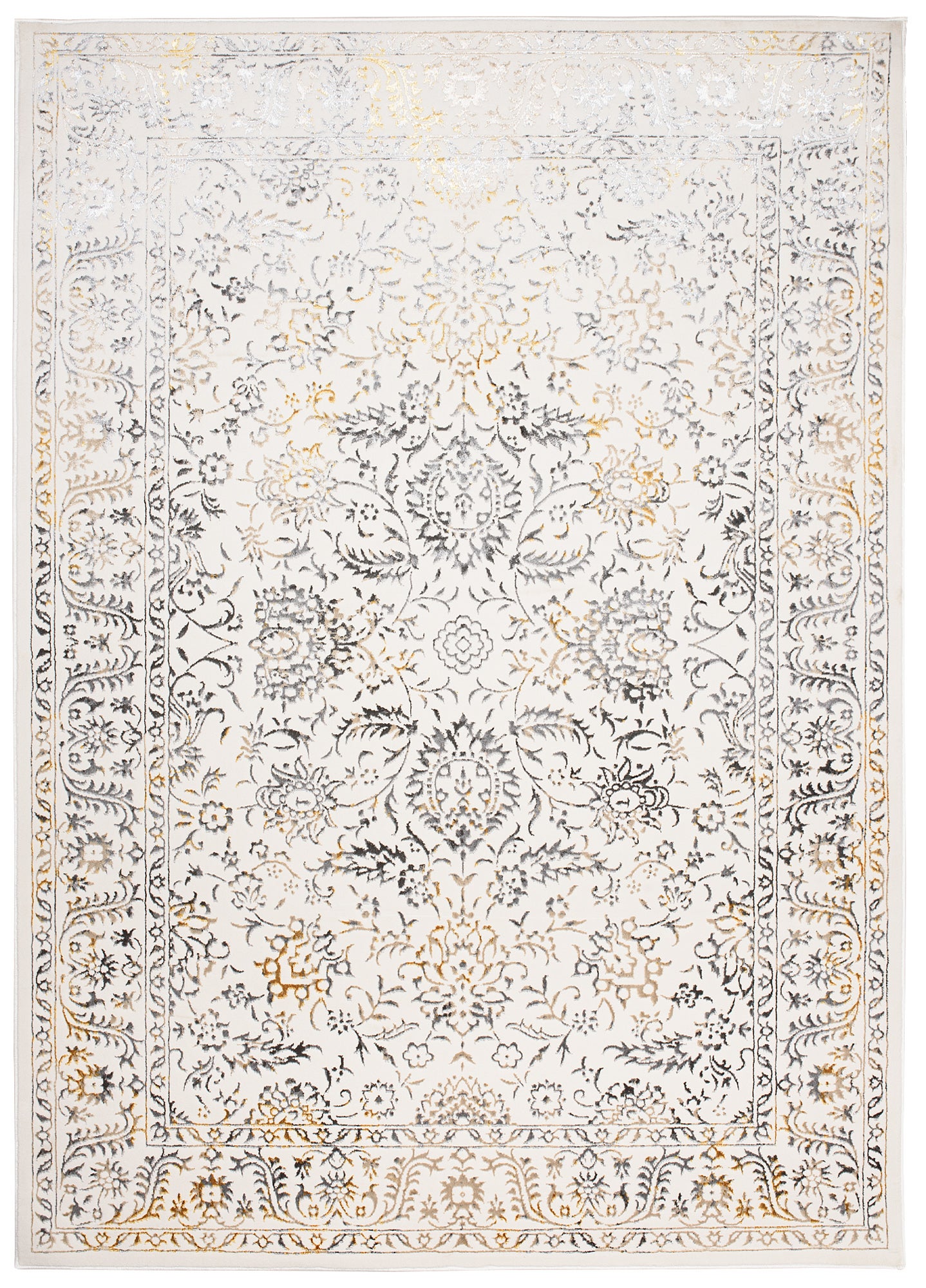 TAPISO Golden Tapis de Salon Moderne Vintage Crème Or Gris Beige Motif Ornamental Floral Bordure Doux Poil Court 80 x 150 cm - 2