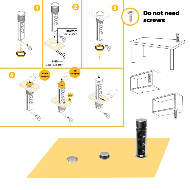Emuca Multiconector Vertikal Push 60 amovível, diâmetro 60 mm, 3 fichas Schuko, 1 USB tipo A, 1 USB tipo C, Aço e plástico, Aço inoxidável - 9