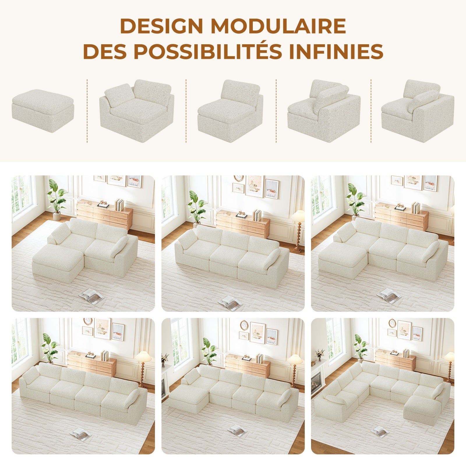 Canapé d'angle Panoramique Modulaire 7 Places en Chenille pour Salon/Bureau,Repose-pieds Amovible ,Beige - 5