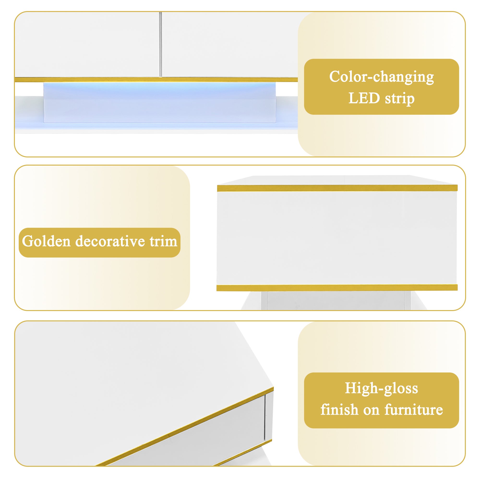 Nowoczesny stolik kawowy z połyskiem 100 x 50 x 40 cm - Oświetlenie LED - 3 szuflady i otwarte półki - Złote wykończenia - Biało-złoty - 9