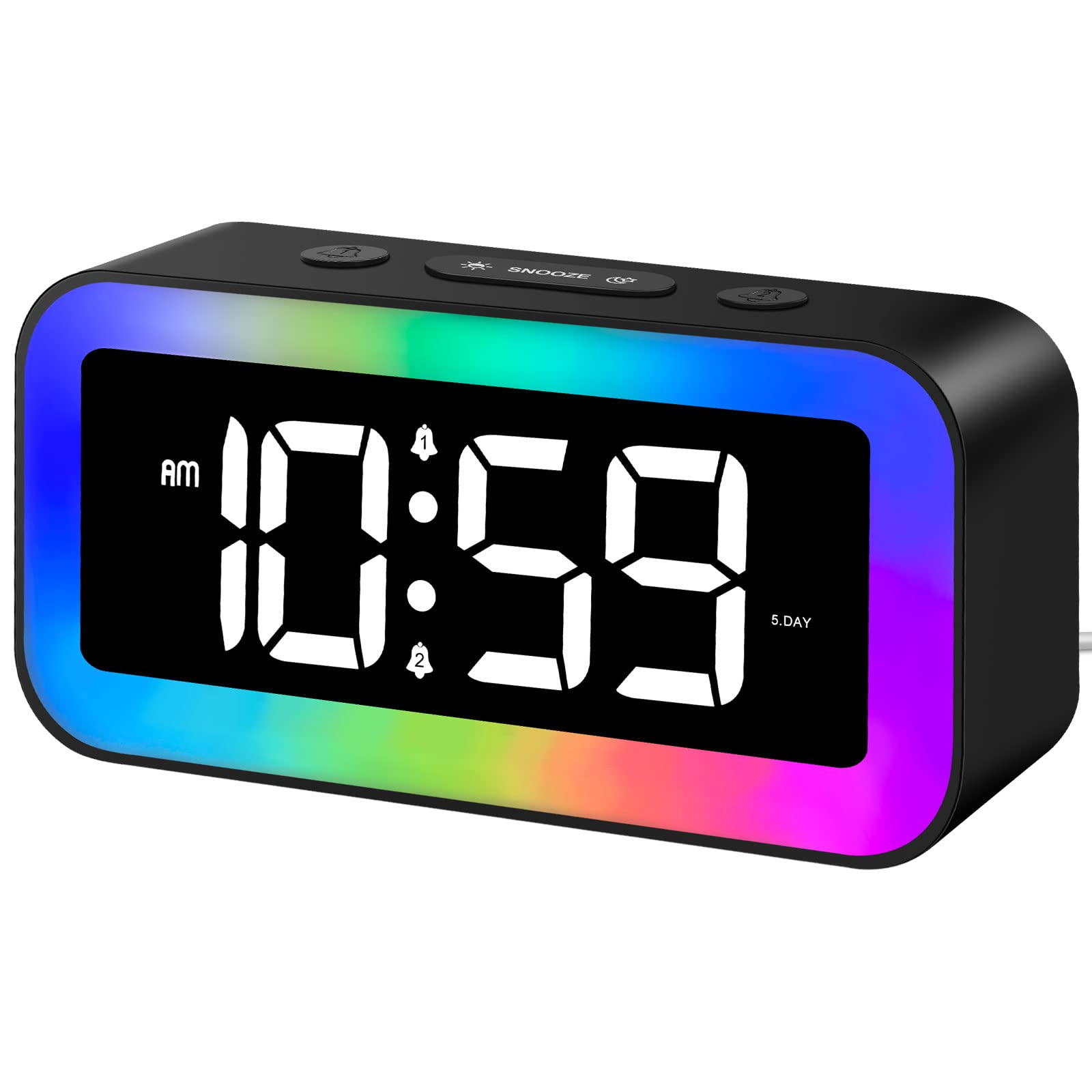 Cyfrowy Budzik, Budzik Dziecięcy z Lampką Nocną 7 Kolorów, Cyfrowy Zegar LED, Budzik Młodzieżowy, z 2 Trybami Alarmu, 12/24H, Port USB