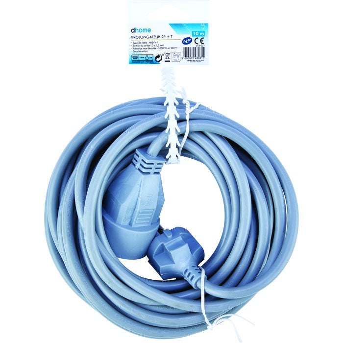 Rallonge électrique - Ménager - Dhome - H05 VV-F - 3G1,5 mm² - 2P+T - 16 A - L. 10 m - Gris - 2