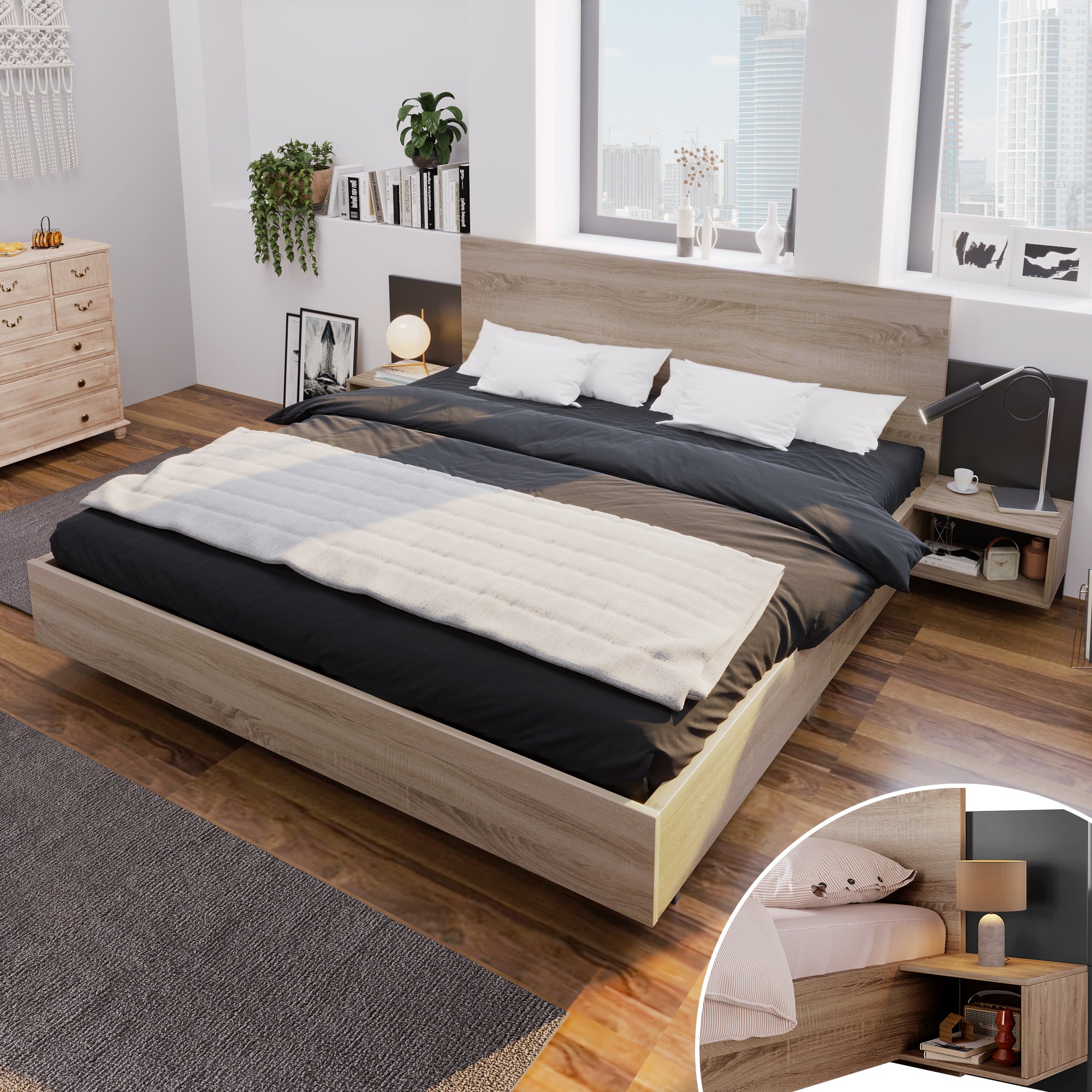 Cama doble Sistema de cama de madera con mesitas de noche Cama