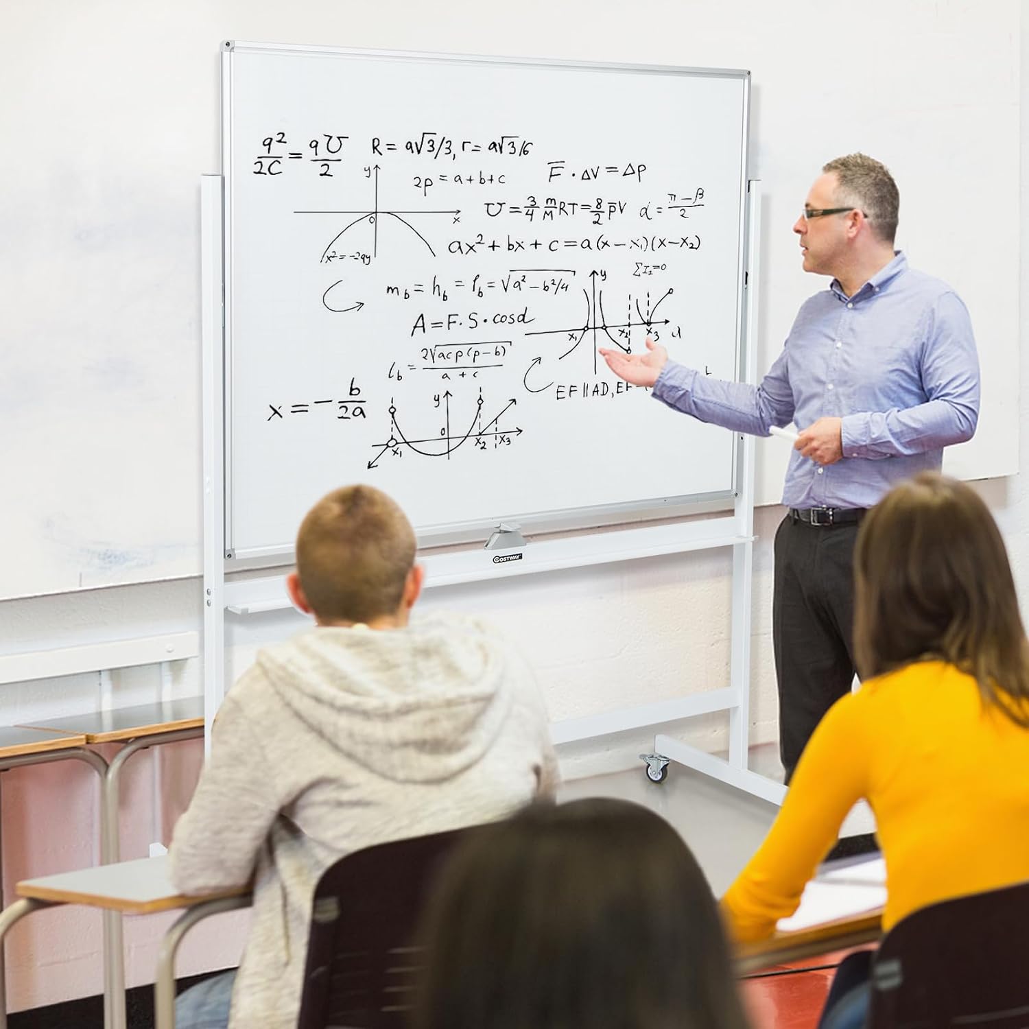 Lavagna Bianca Regolabile in Altezza con Ruote e Bordo Magnetico, Lavagna a Doppio Lato Cancellabile a Secco con Griglia, 4 Ruote Bloccabili, - 2
