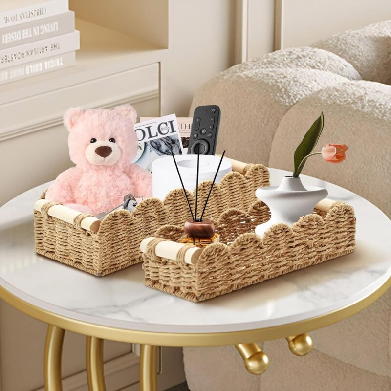 2 Pièces Panier Rangement Osier, Corbeille Rangement Papier Toilette Tressé avec Poignées en Bois, Boite Rotin pour Cuisine, Salle de Bain - 2