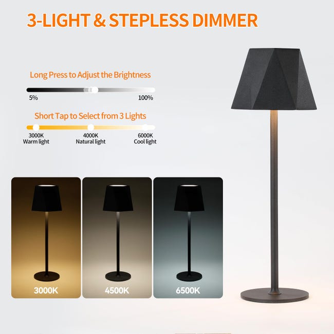 2 Lampade LED Da Tavolo Ricaricabili - Luce Calda 3000K, Dimmerabile, USB-C, IP54, Nero - Foto 3