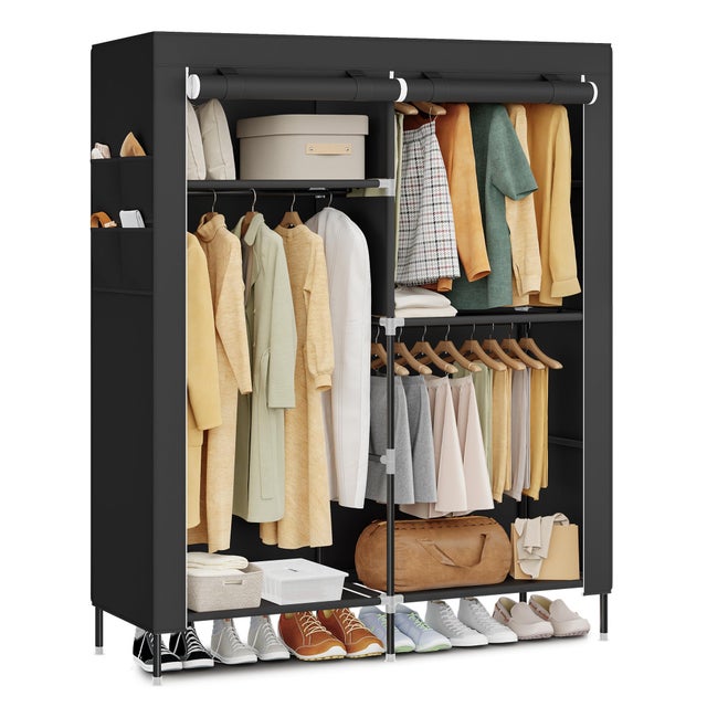 Armario de tela portátil con 3 zonas para colgar, baldas y bolsillos laterales, ideal para dormitorio, 127x45x180 cm, negro