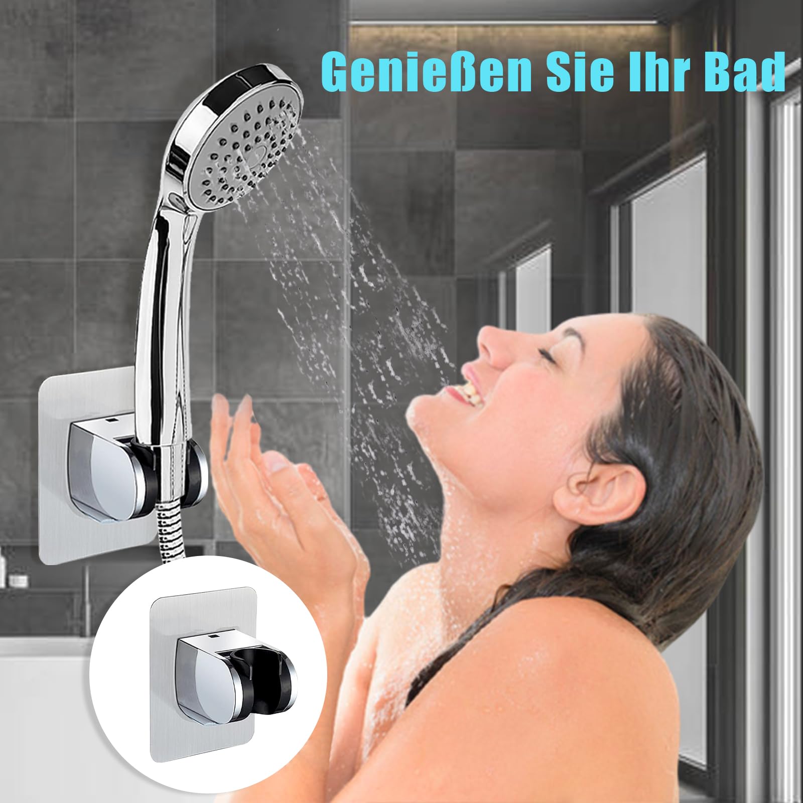 Support de douche à main, sans perçage, support de pomme de douche adhésif, support de pomme de douche réglable pour douchette à main de salle de bain - 7