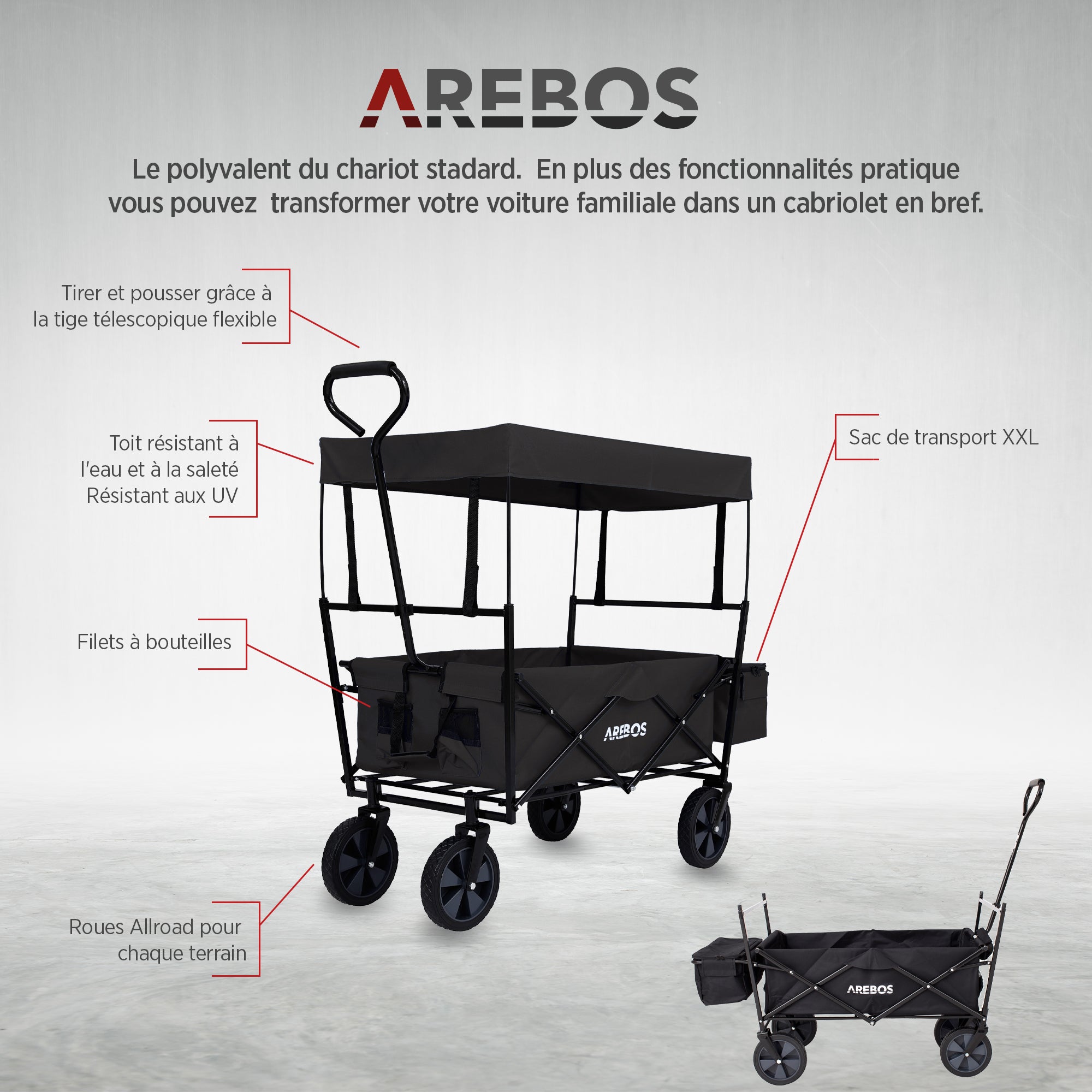 AREBOS Chariot de transport pliable avec toit UV, sac XXL, roues 360°, capacité 70 kg – idéal pour excursions, plage, jardin et loisirs - 3
