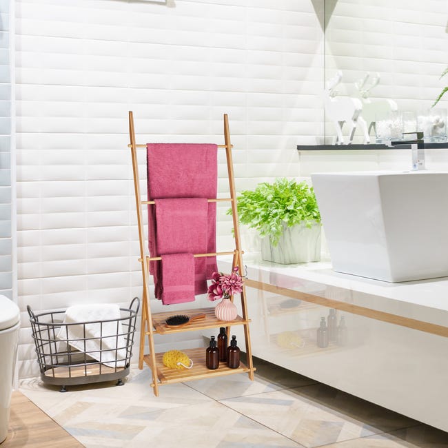 Porta Asciugamani Da Terra In Bambù - 3 Bracci, 2 Ripiani, Design Naturale, Per Bagno O Camera - Foto 3