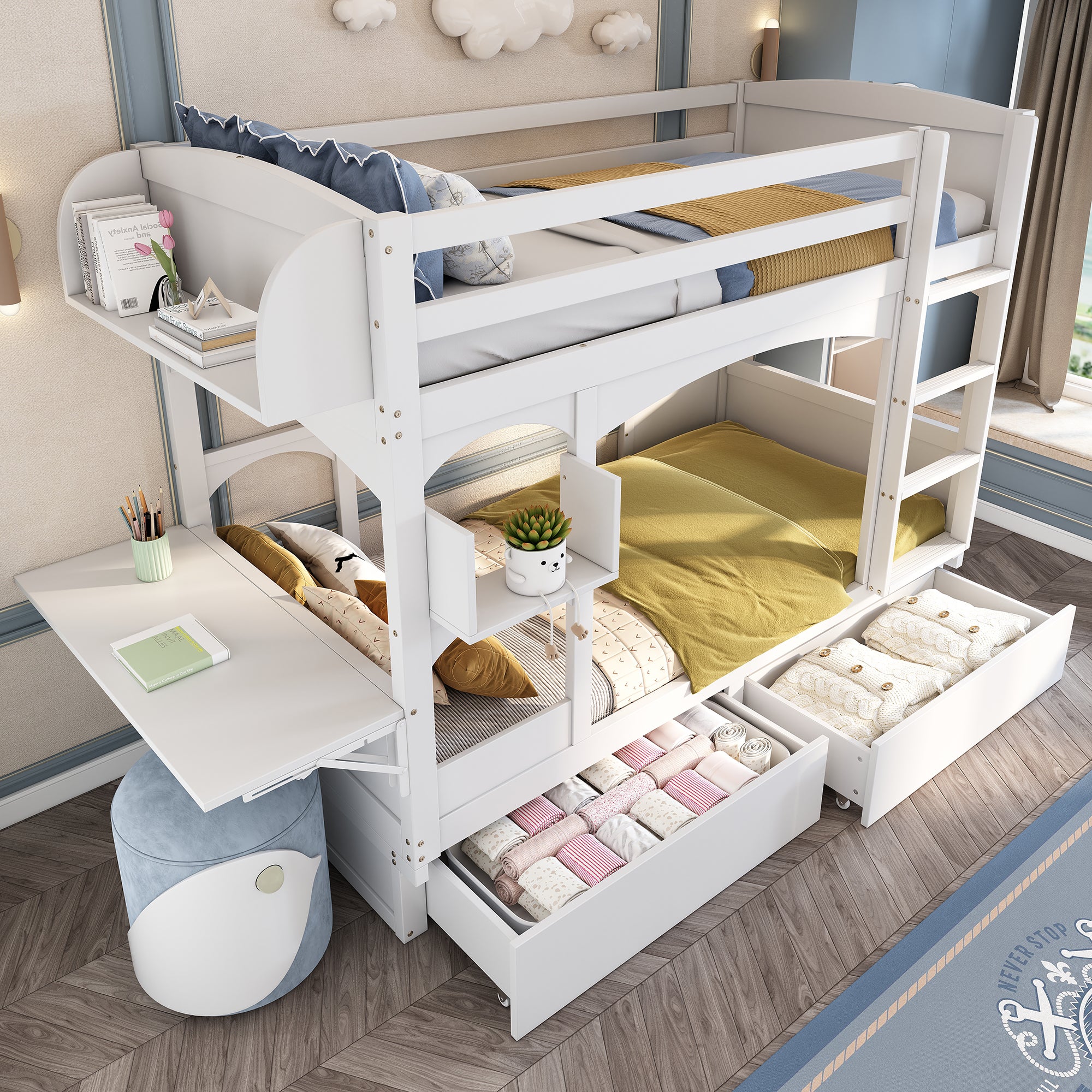 Lit superposé en bois et MDF - 90x200 cm - avec 2 tiroirs et bureau pliable - Blanc(sans matelas) - 3