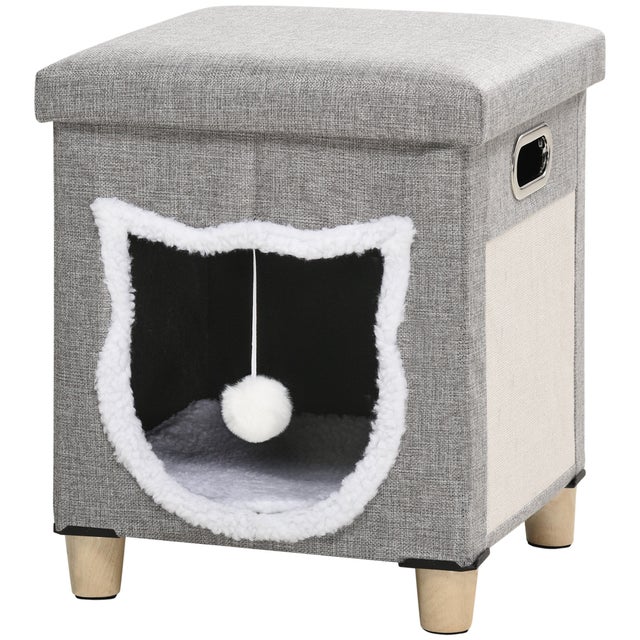 Casa para Gatos PawHut Cinzento MDF, Linho Sintético (100% Poliéster), Pelúcia e Sisal 35,5x35,5x42,5cm
